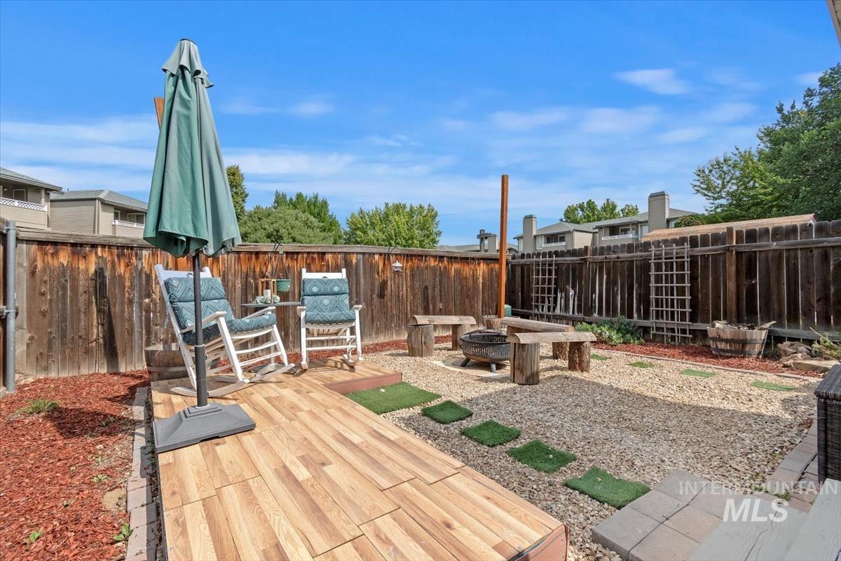 Fenced backyard with a fire pit and a deck
