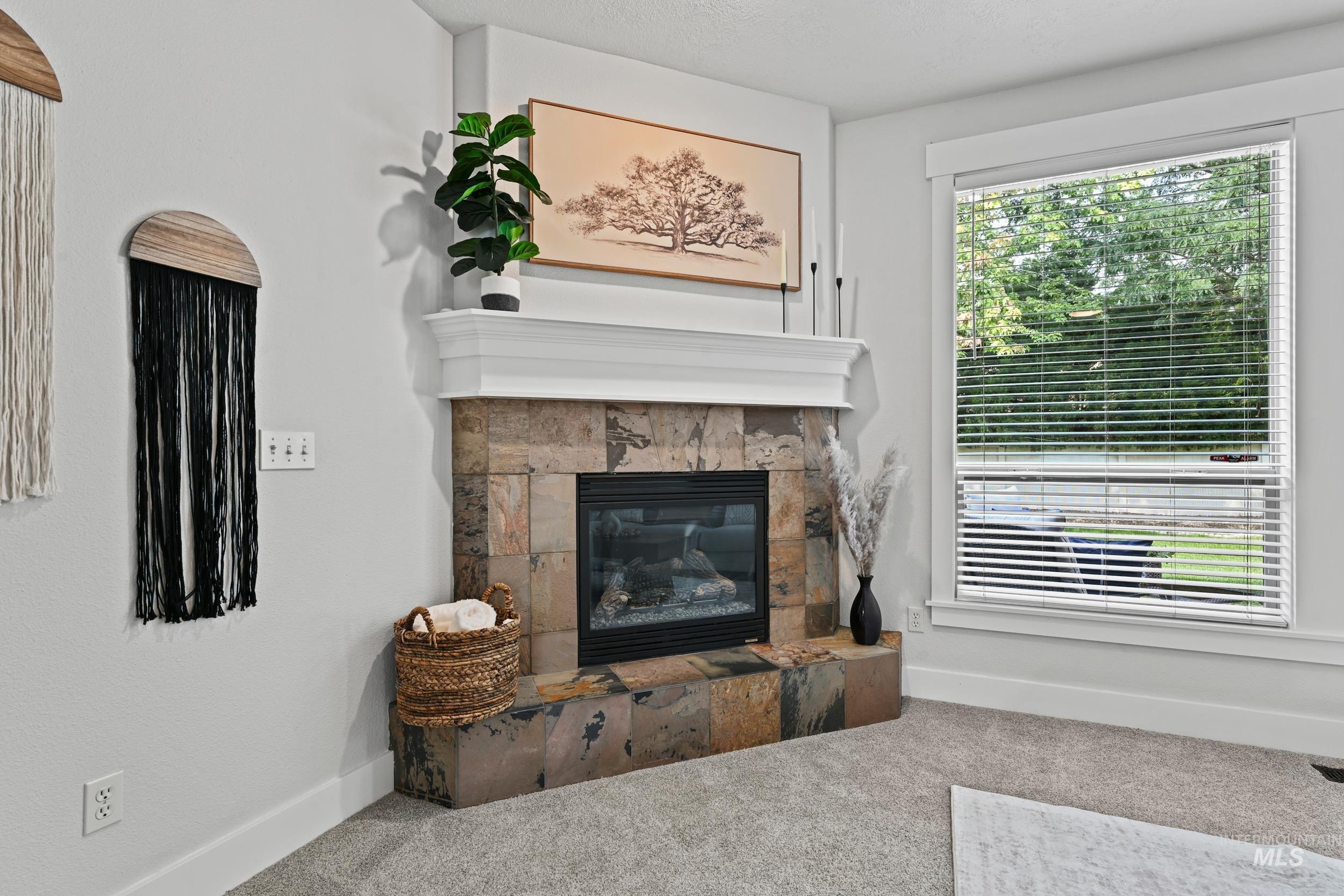 Carpeted living room with a fireplace and baseboards