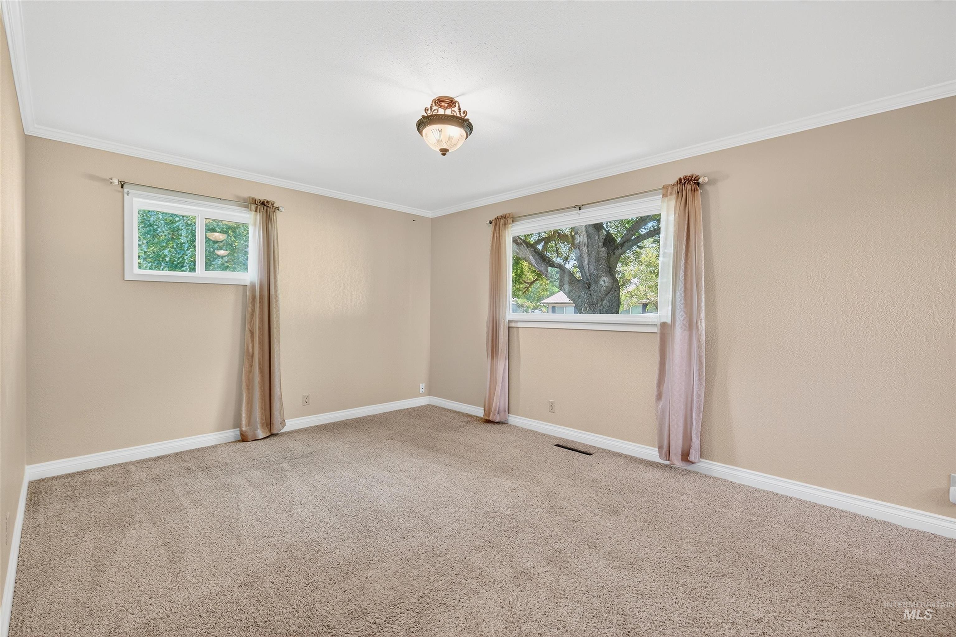 Carpeted spare room with crown molding