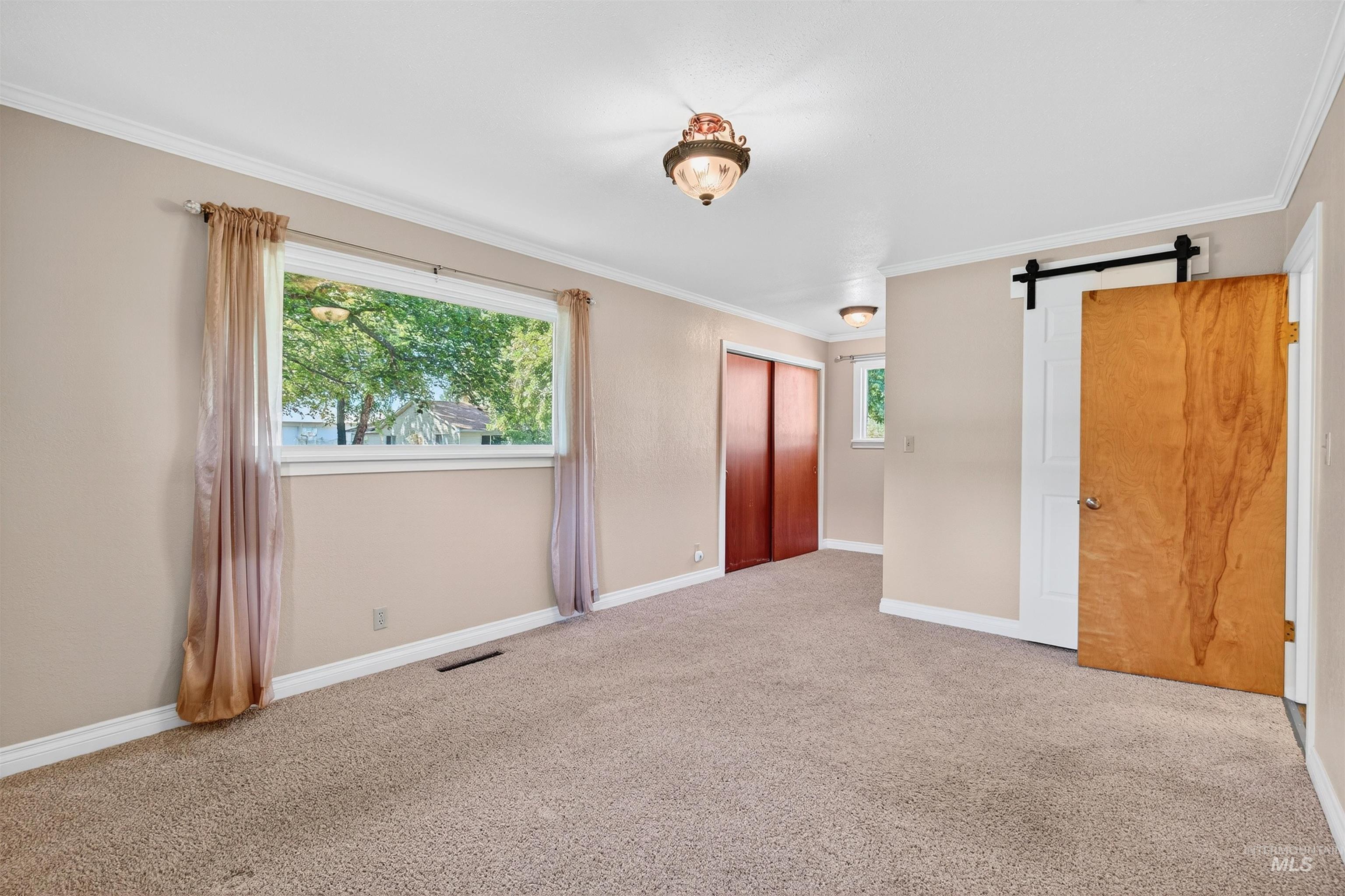 Unfurnished bedroom with a barn door, ornamental molding, carpet floors, and a closet