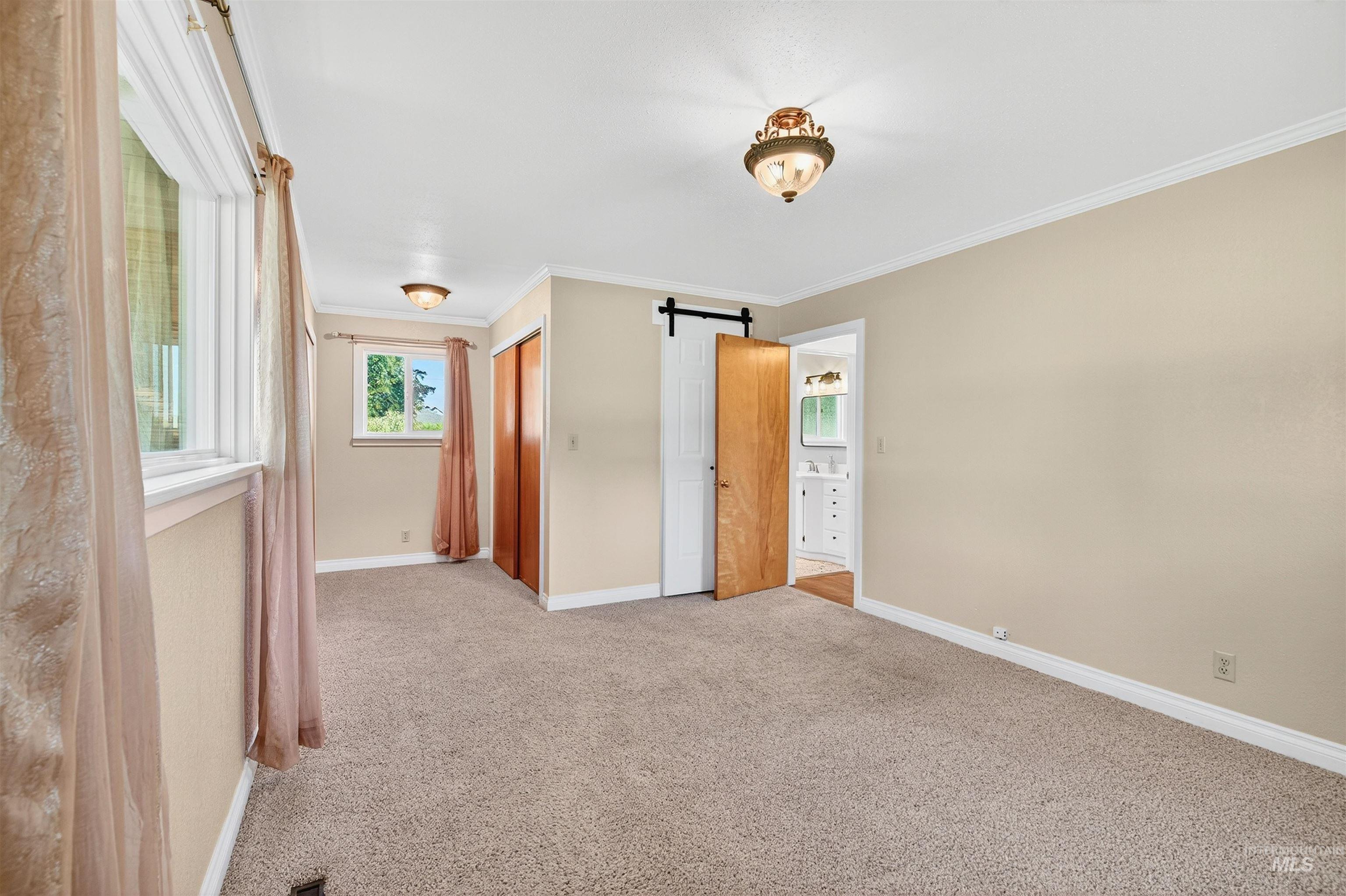 Unfurnished bedroom featuring a barn door, ornamental molding, carpet, and a closet