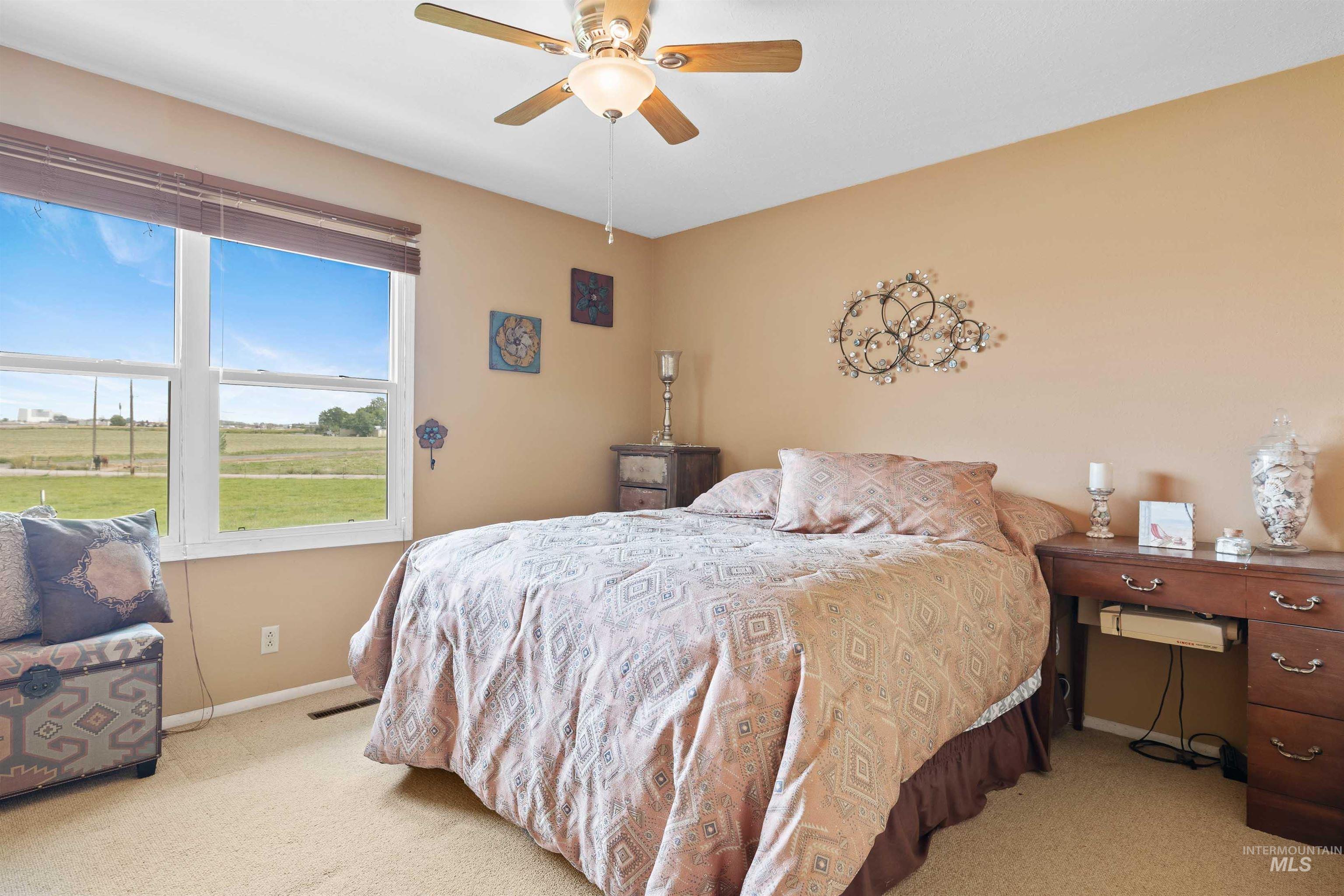 Carpeted bedroom with baseboards and ceiling fan
