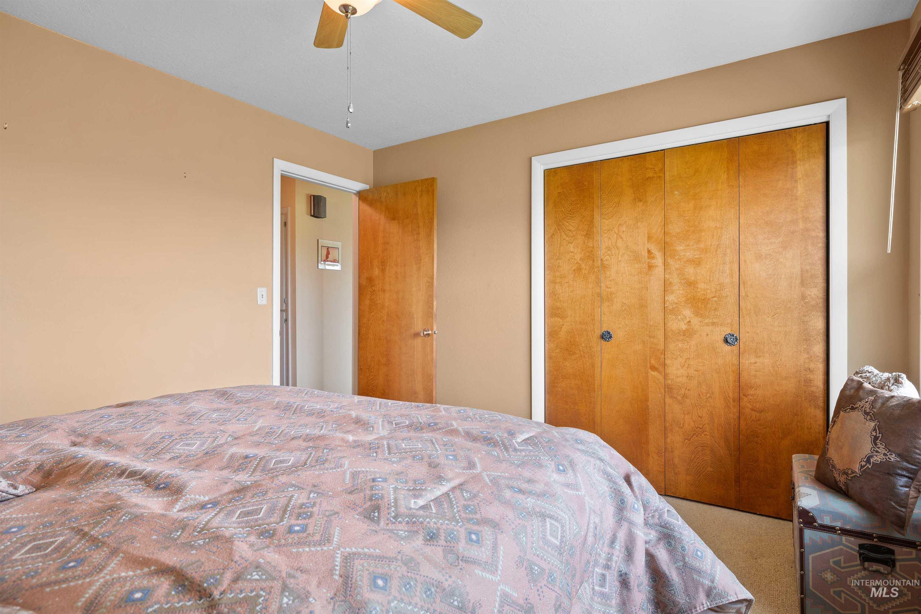 Carpeted bedroom with a closet and a ceiling fan