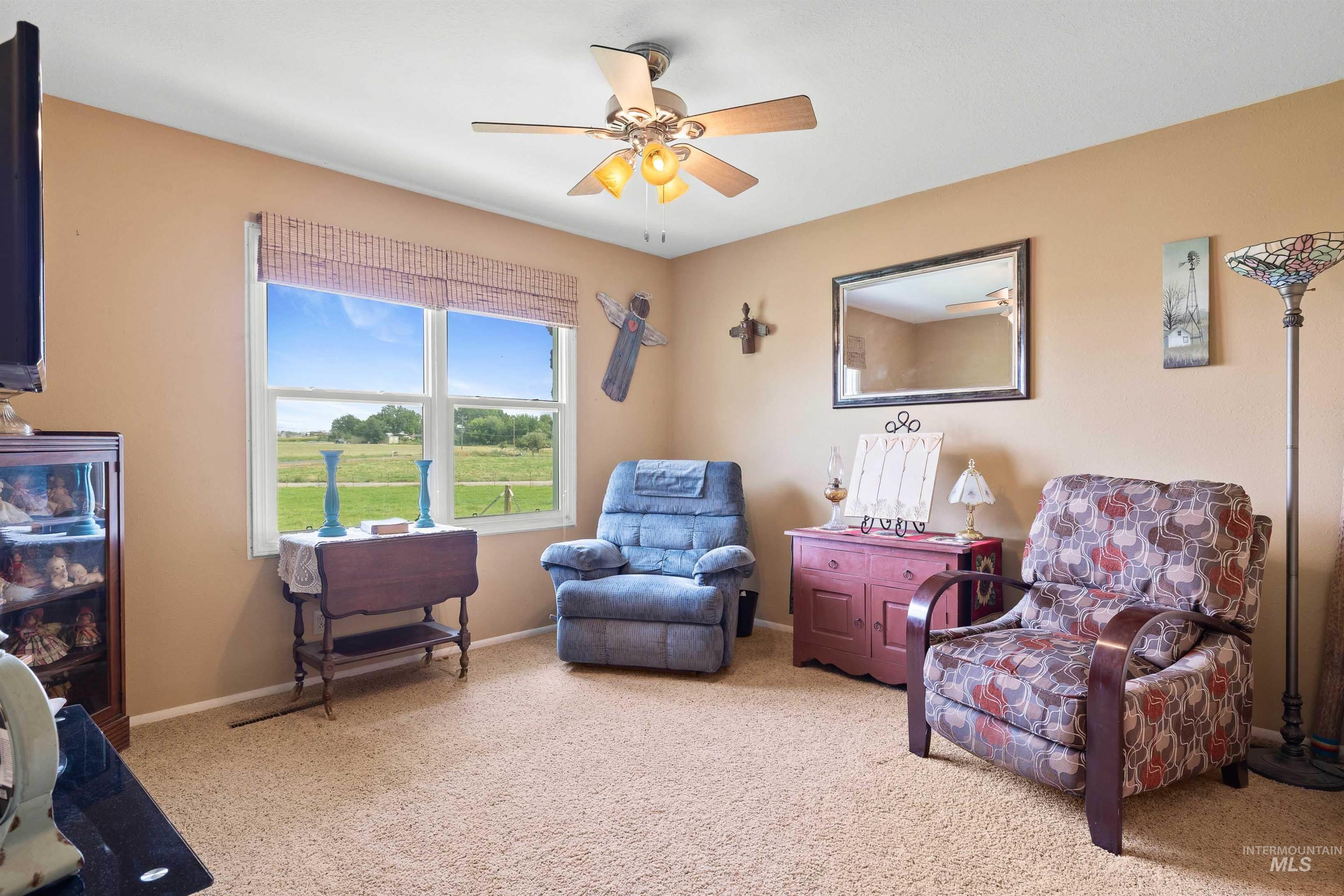 Living area featuring light colored carpet and a ceiling fan