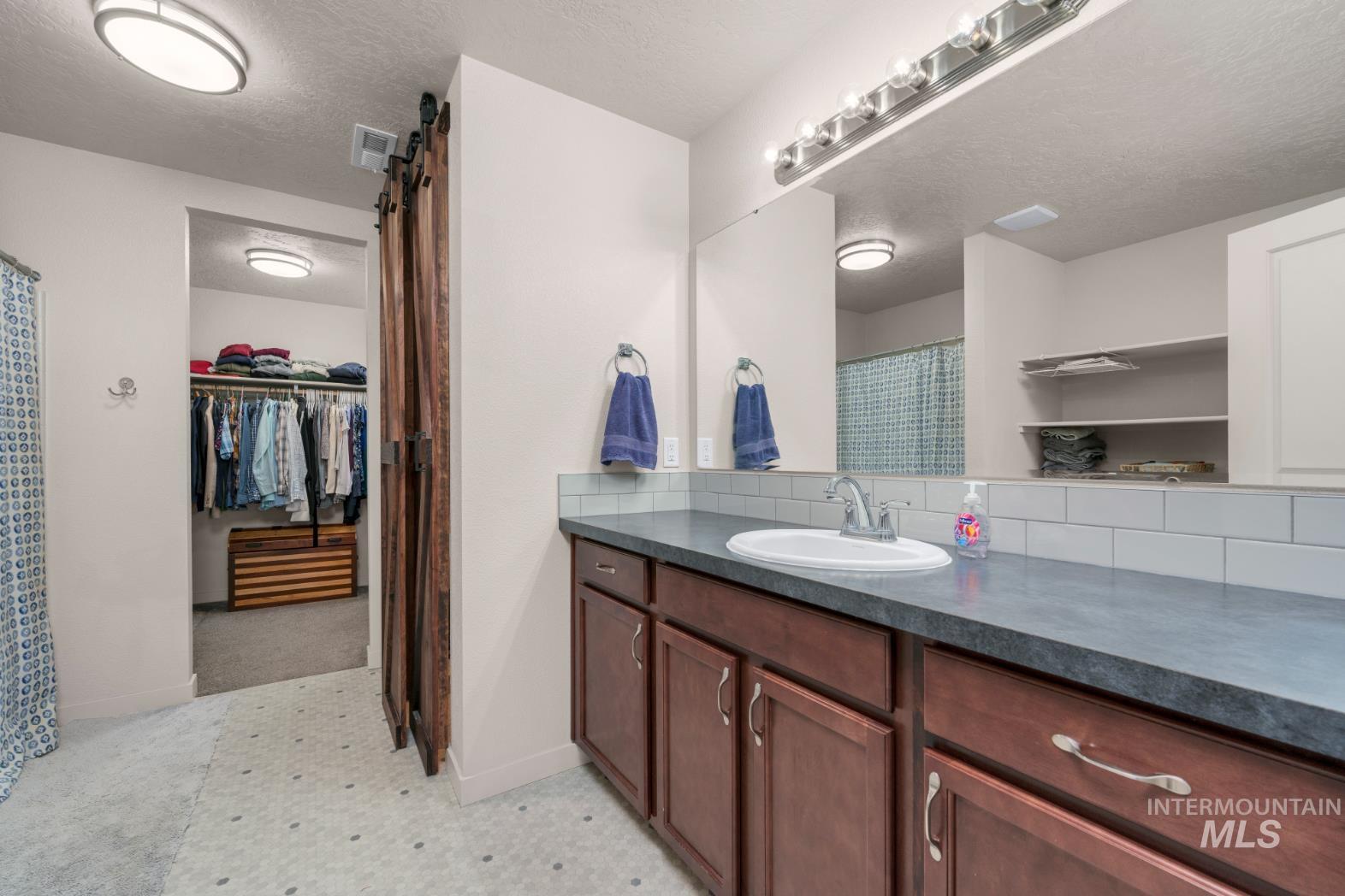 Bathroom featuring vanity, a spacious closet, and a shower and Barn door