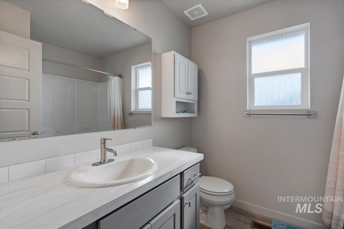 Bathroom featuring vanity, wood finished floors, and a shower with curtain