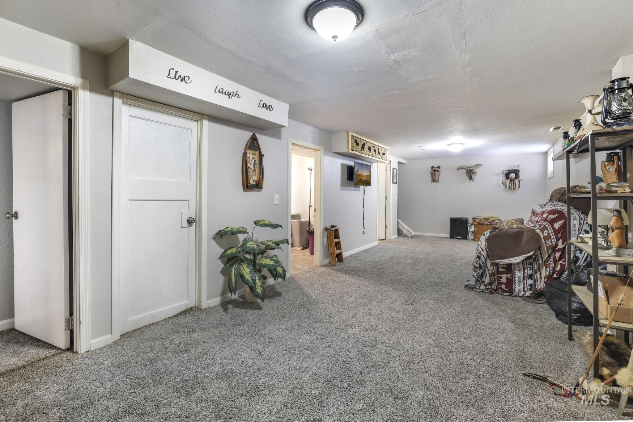 Finished below grade area with light colored carpet and baseboards