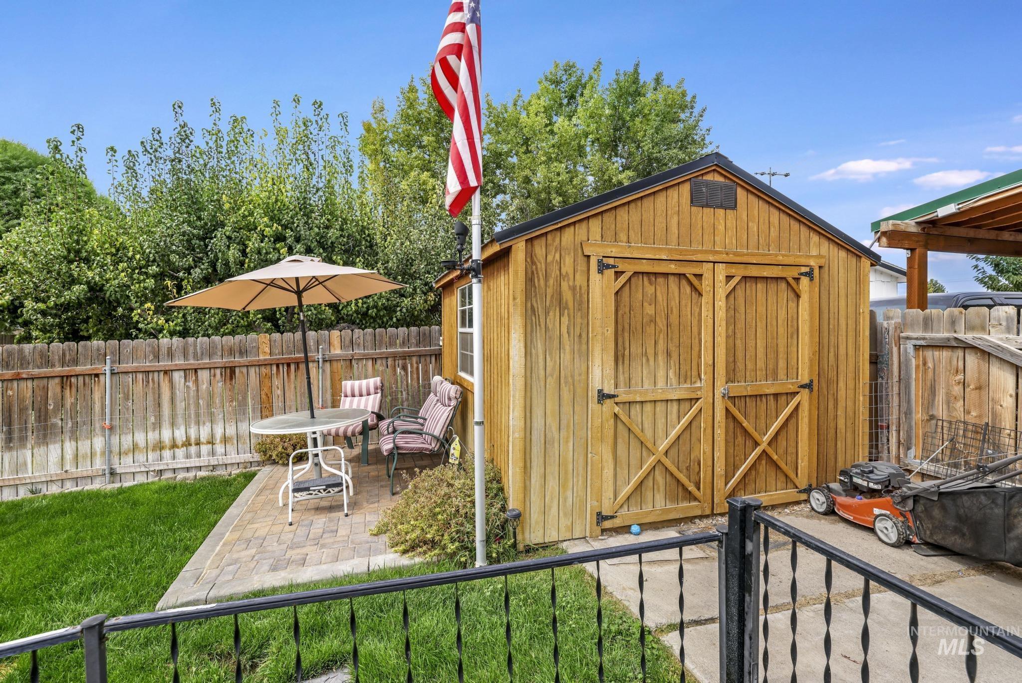 View of shed featuring a fenced backyard
