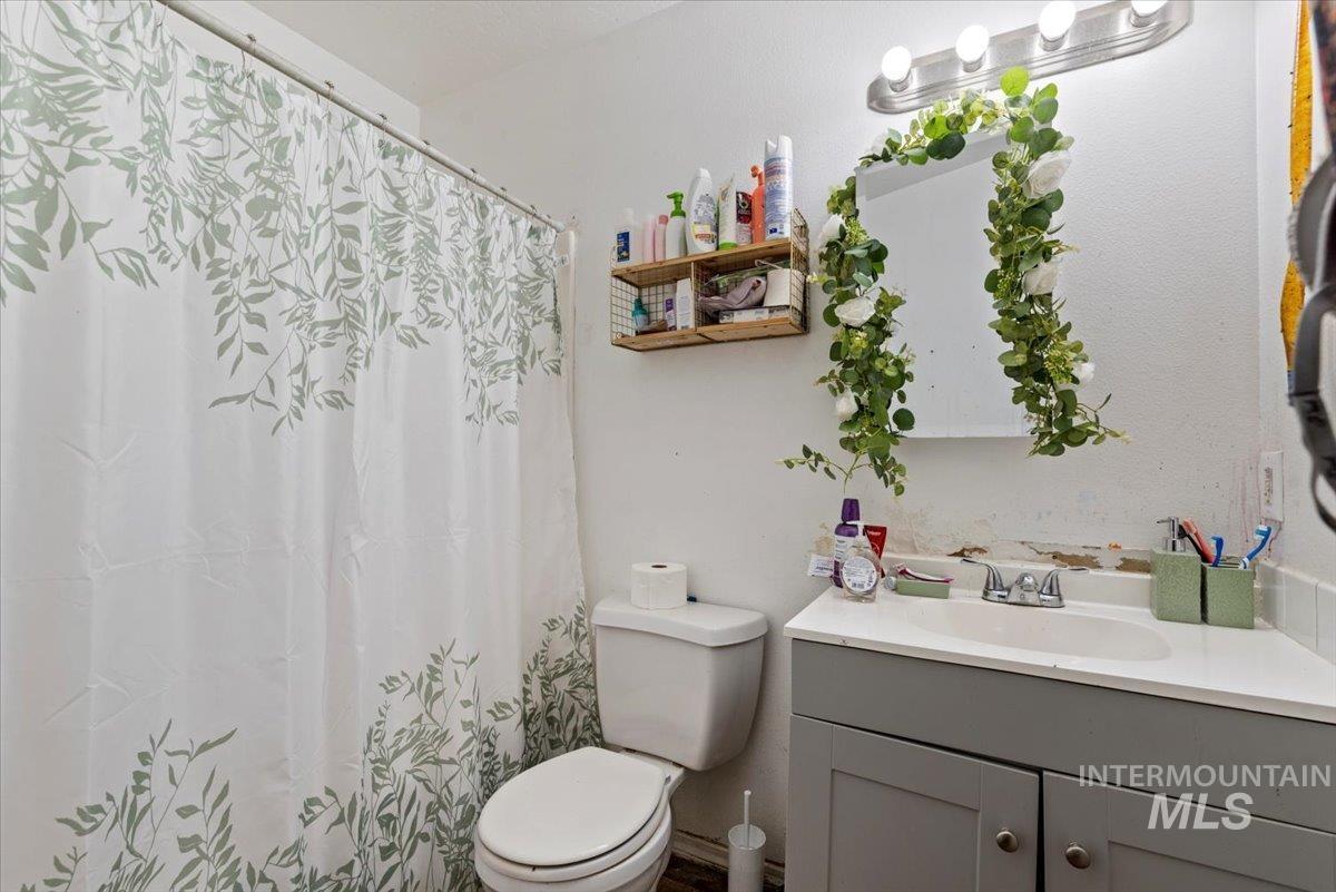 Bathroom featuring vanity and a shower with curtain