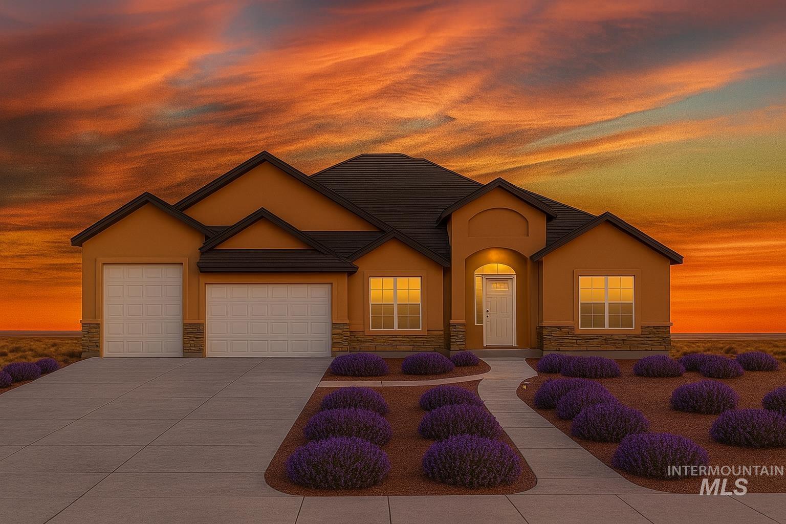 View of front facade featuring stone siding, an attached garage, driveway, and stucco siding