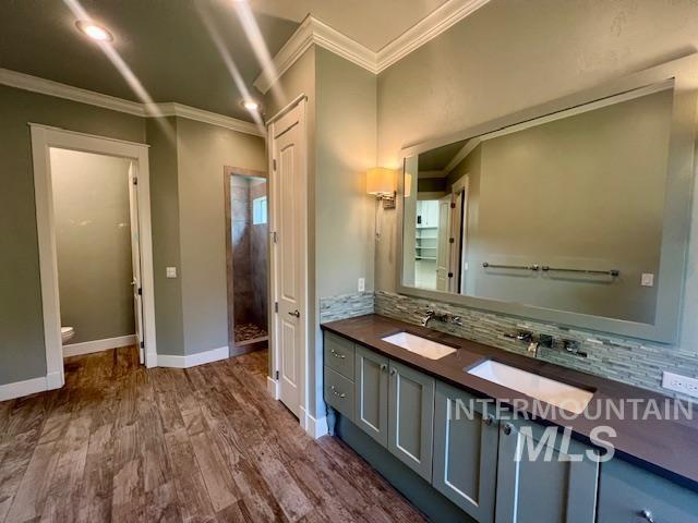 Full bathroom with crown molding, double vanity, decorative backsplash, and dark wood-style floors