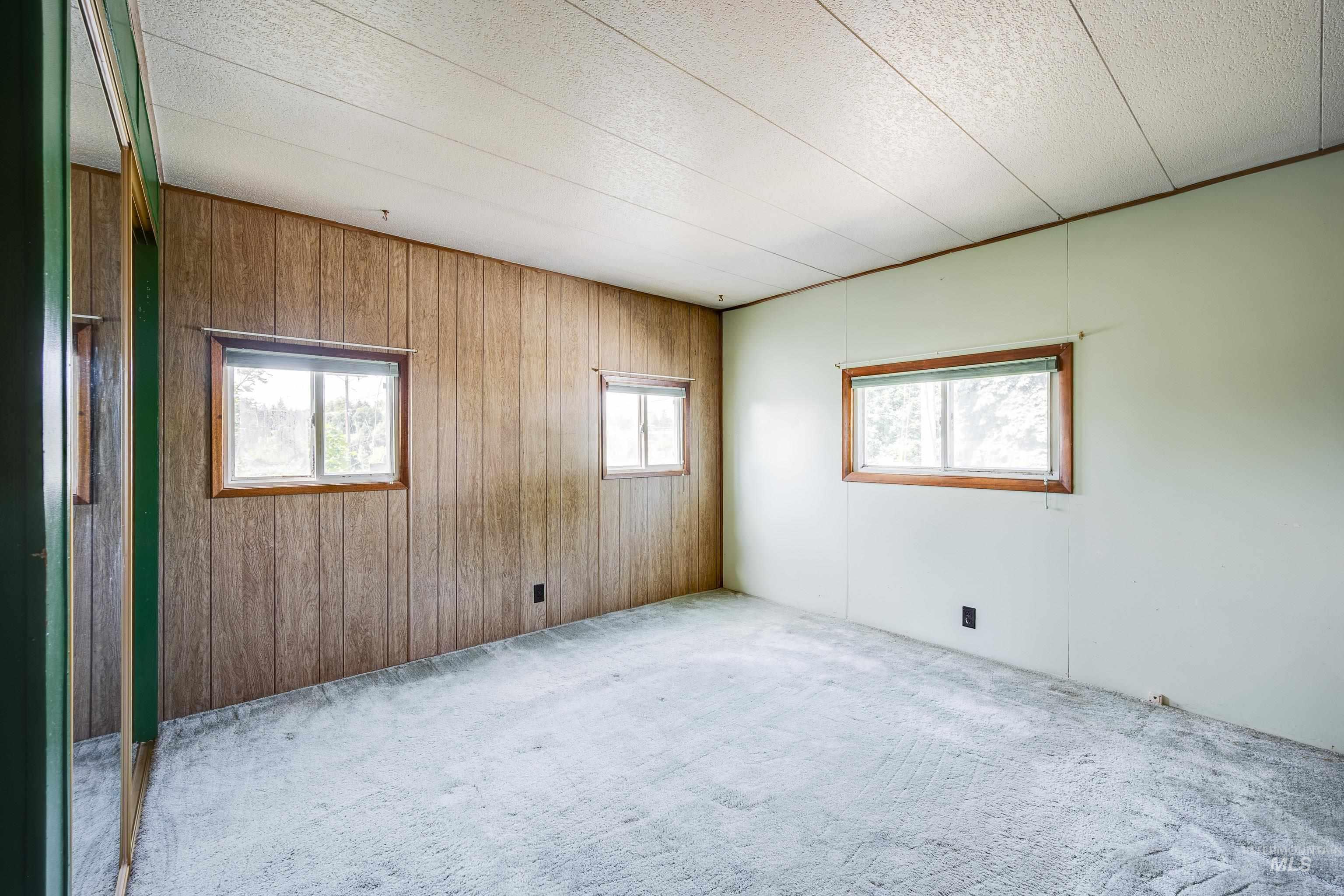 Unfurnished room with carpet flooring, a textured ceiling, and wooden walls