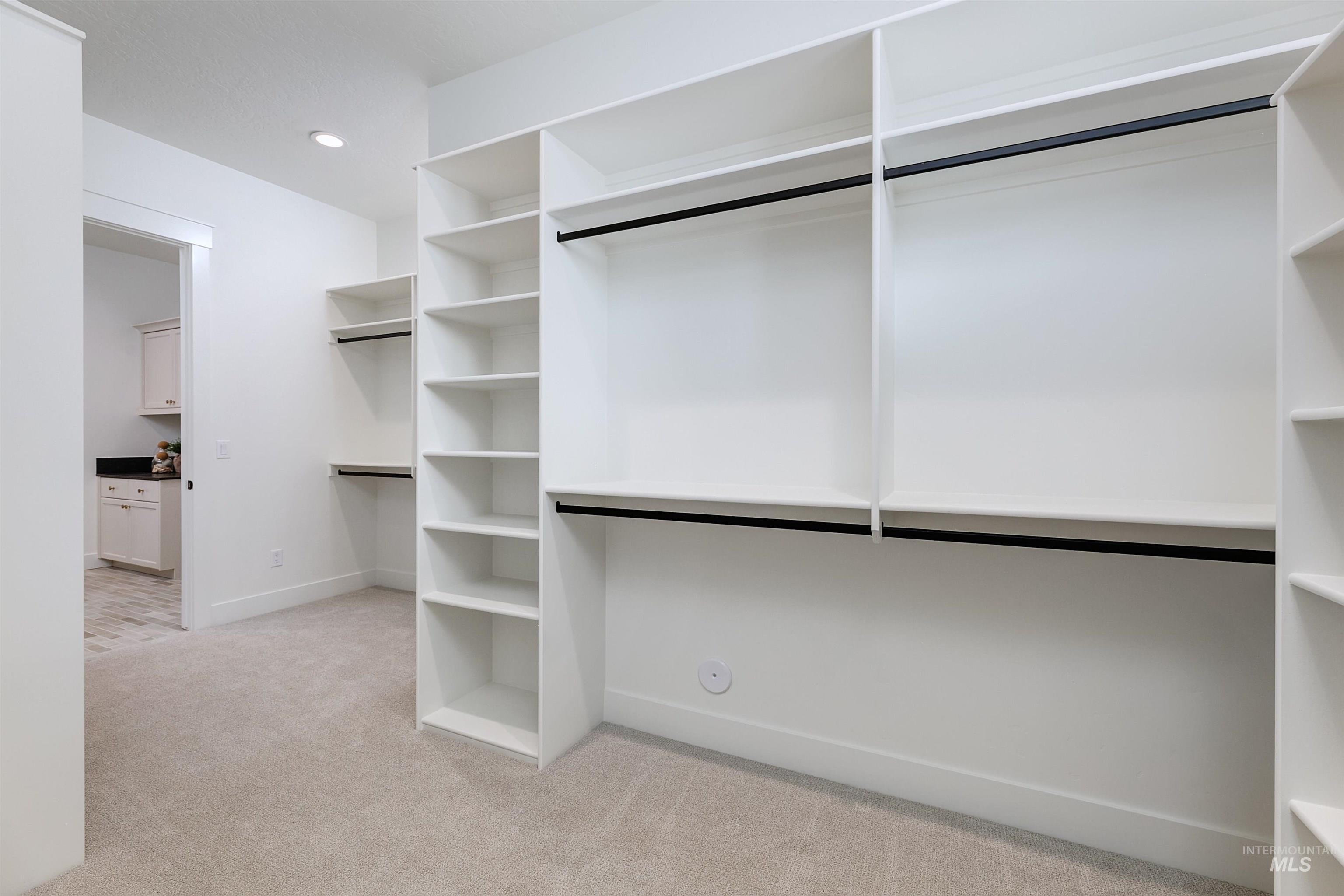 Spacious closet with light colored carpet
