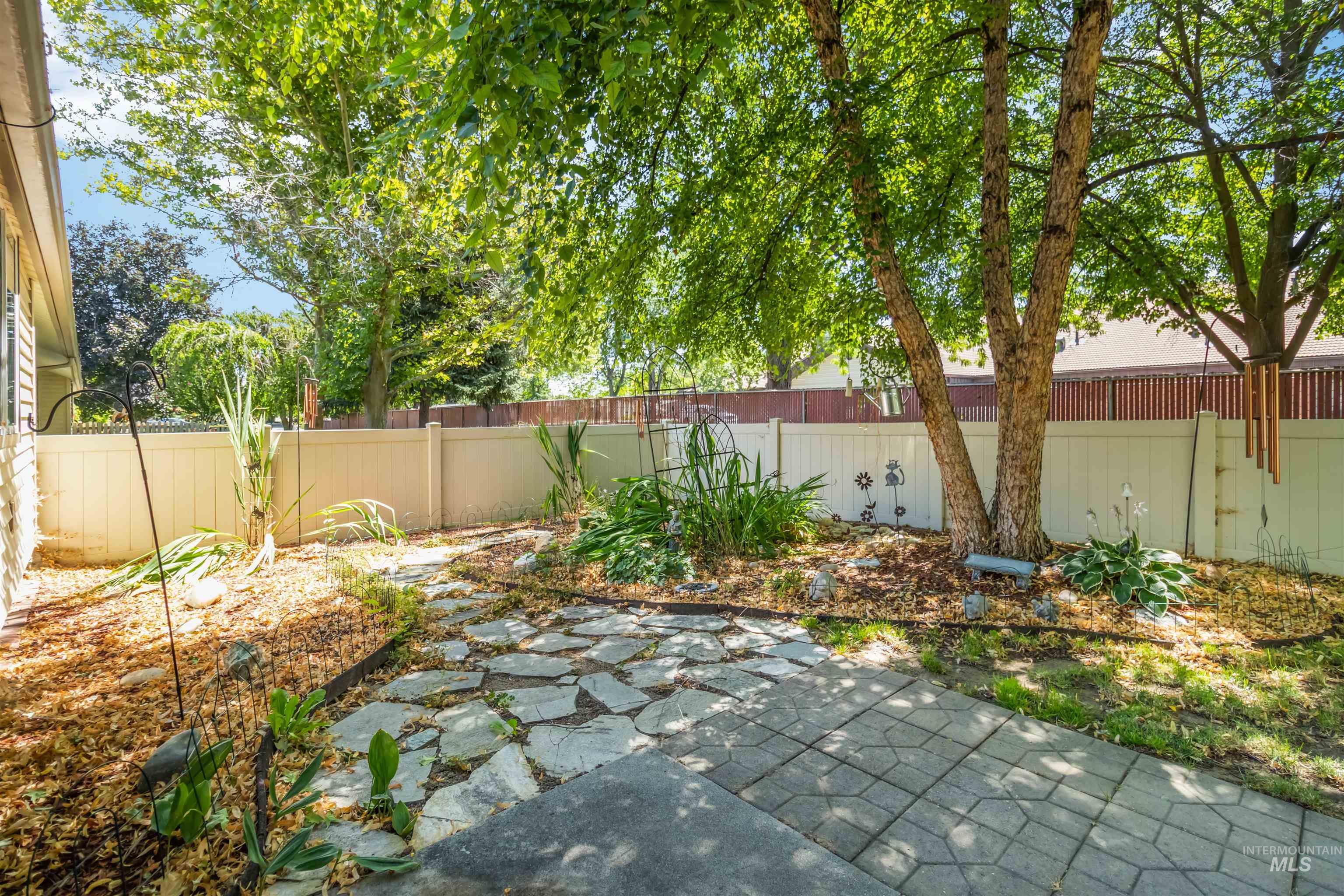 Fenced backyard with a patio