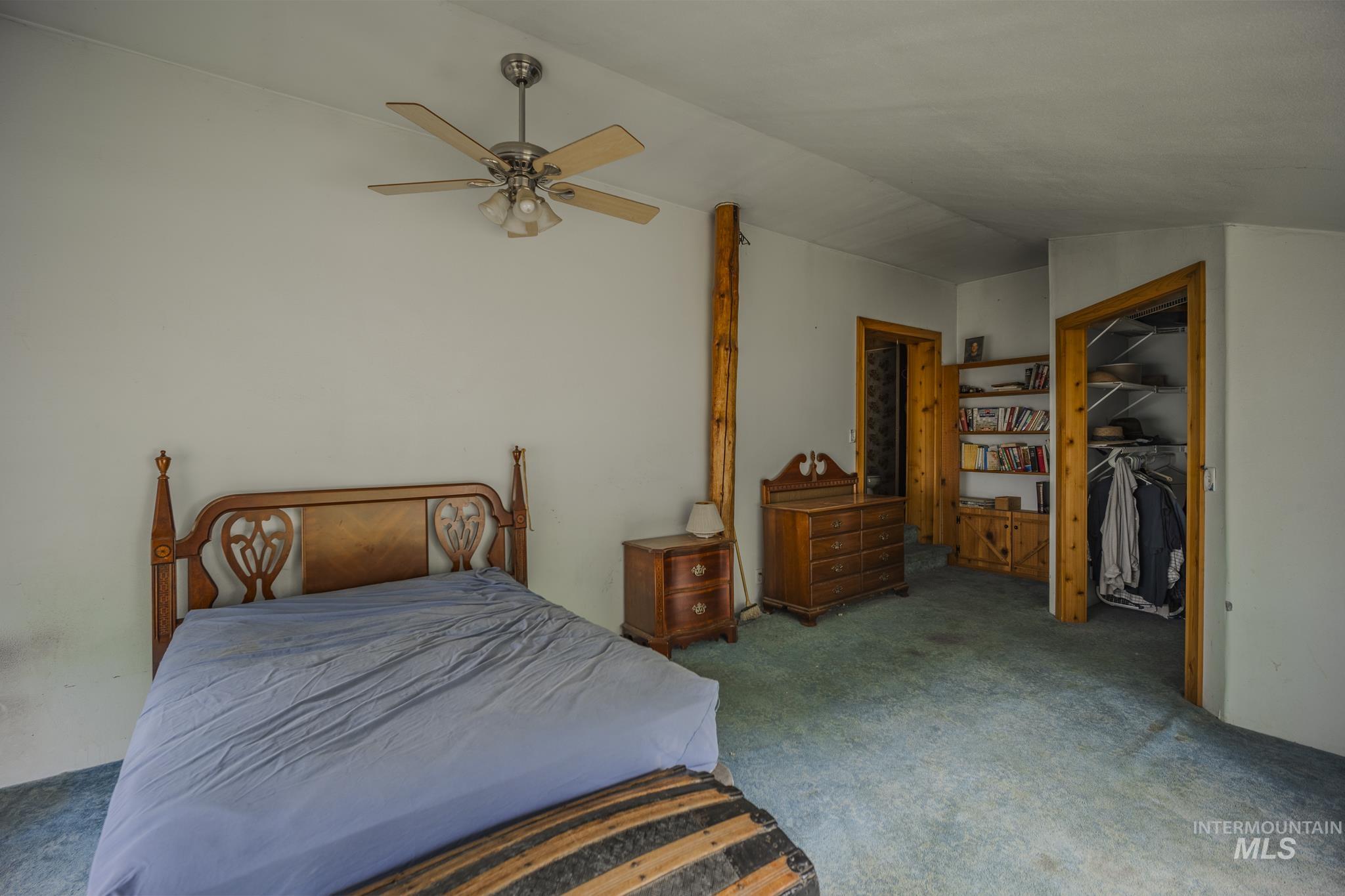 Bedroom featuring carpet, ceiling fan, lofted ceiling, and a walk in closet