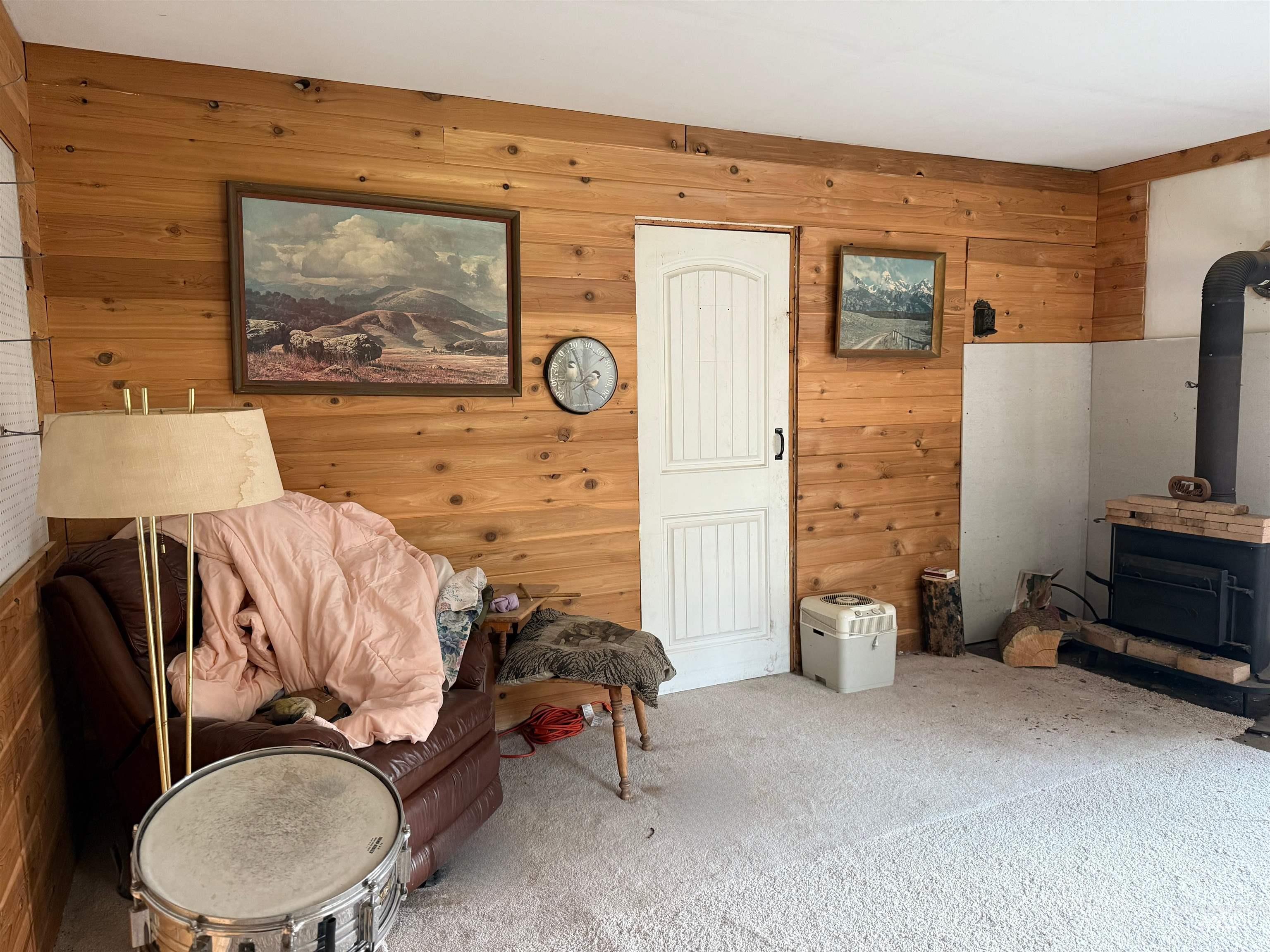 Living area with wood walls, a wood stove, and carpet floors