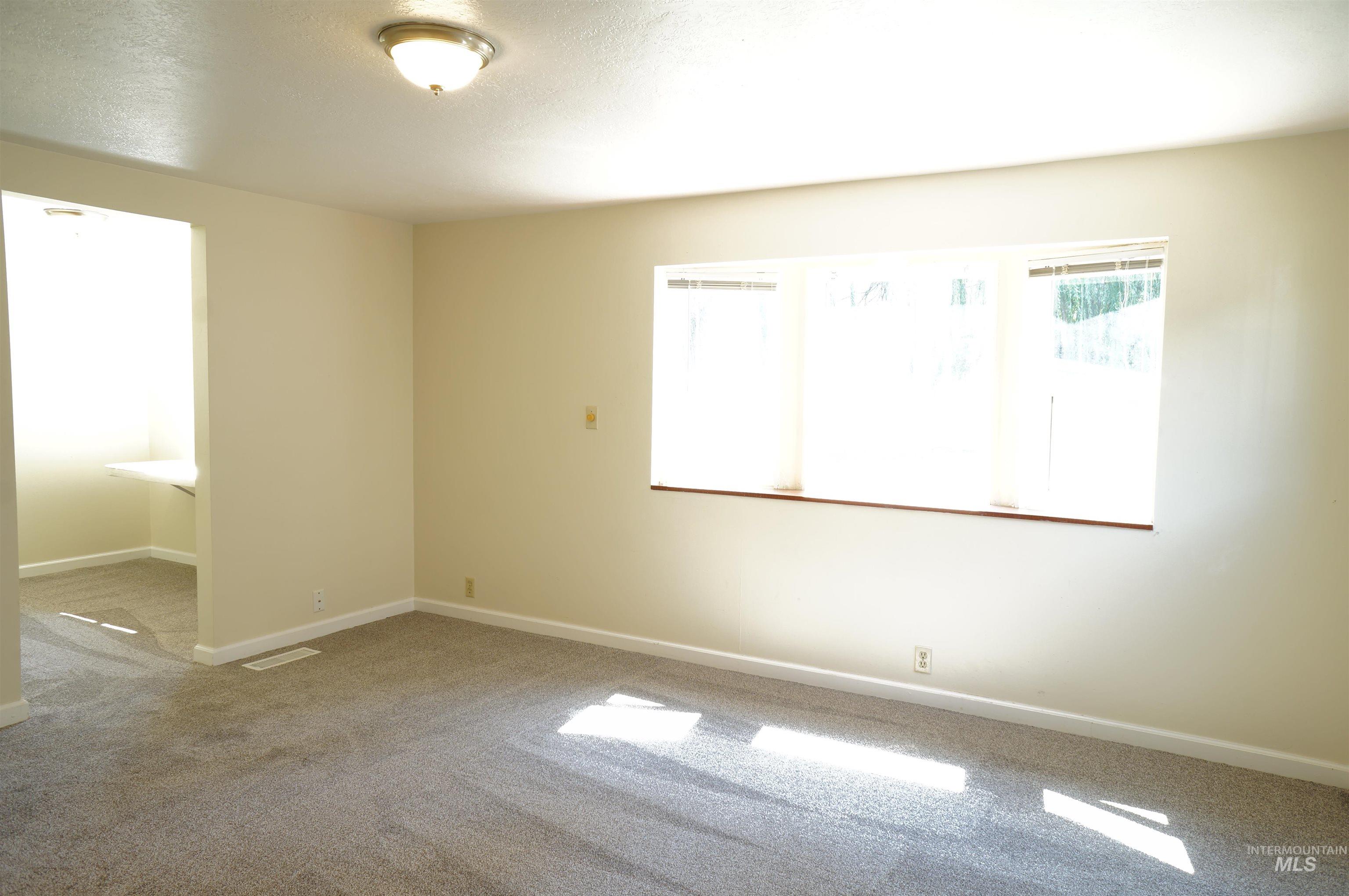 Unfurnished room featuring carpet and a textured ceiling