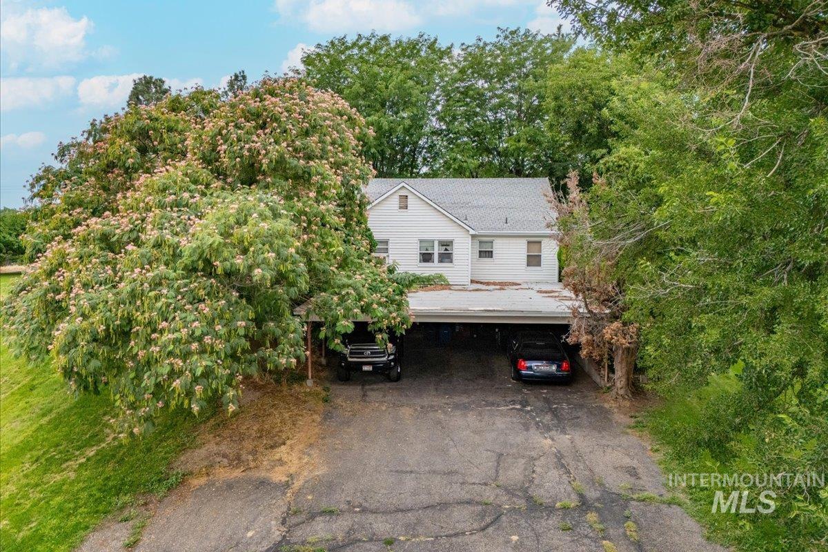 View of front of home with driveway and view of scattered trees