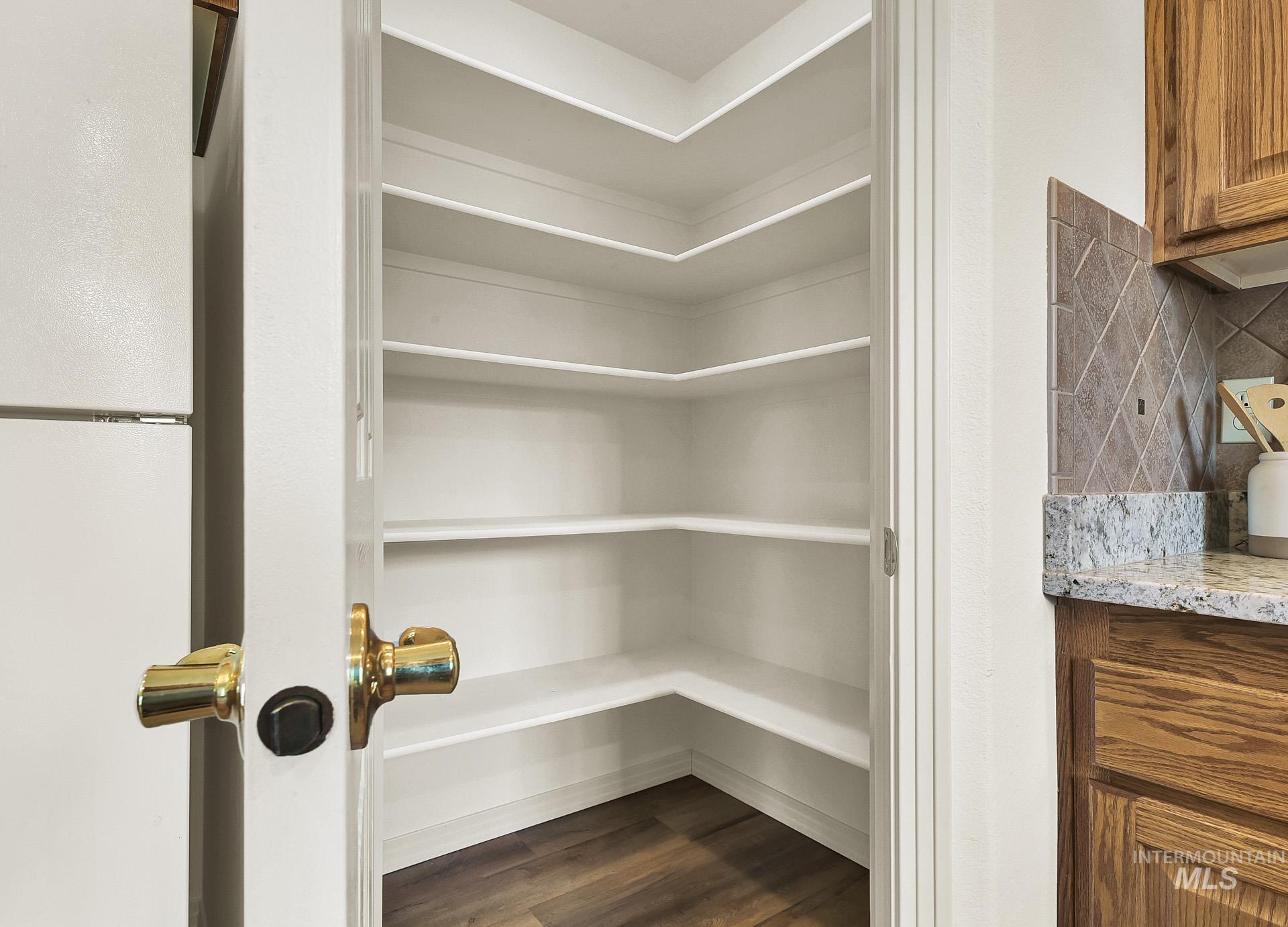 View of nice big pantry area with plenty of shelving to organize all of your kitchen essentials
