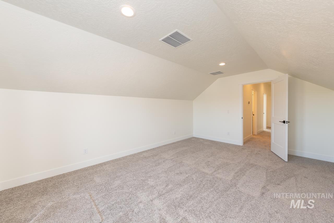 Additional living space with a textured ceiling, light colored carpet, and lofted ceiling
