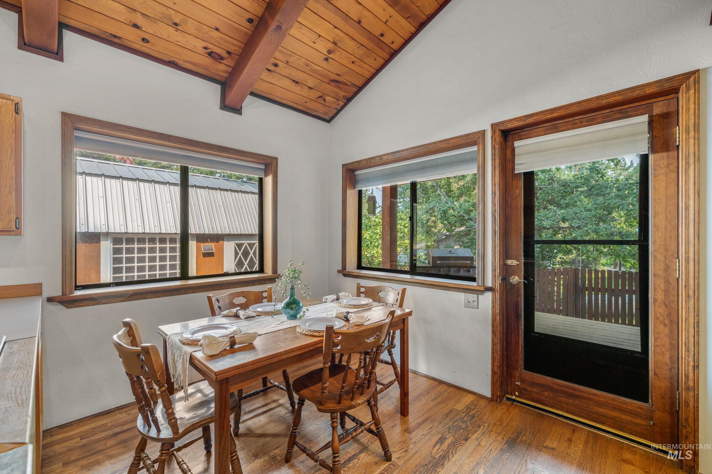 Dining space featuring wooden ceiling and wood finished floors