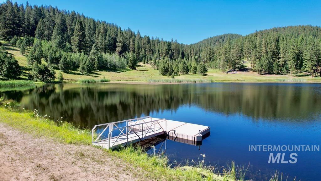 Dock area featuring a forest view and a water view