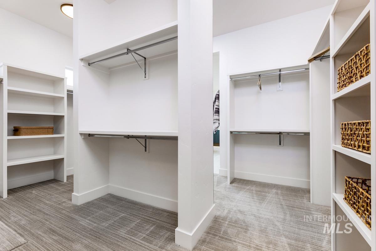 Spacious closet featuring light colored carpet