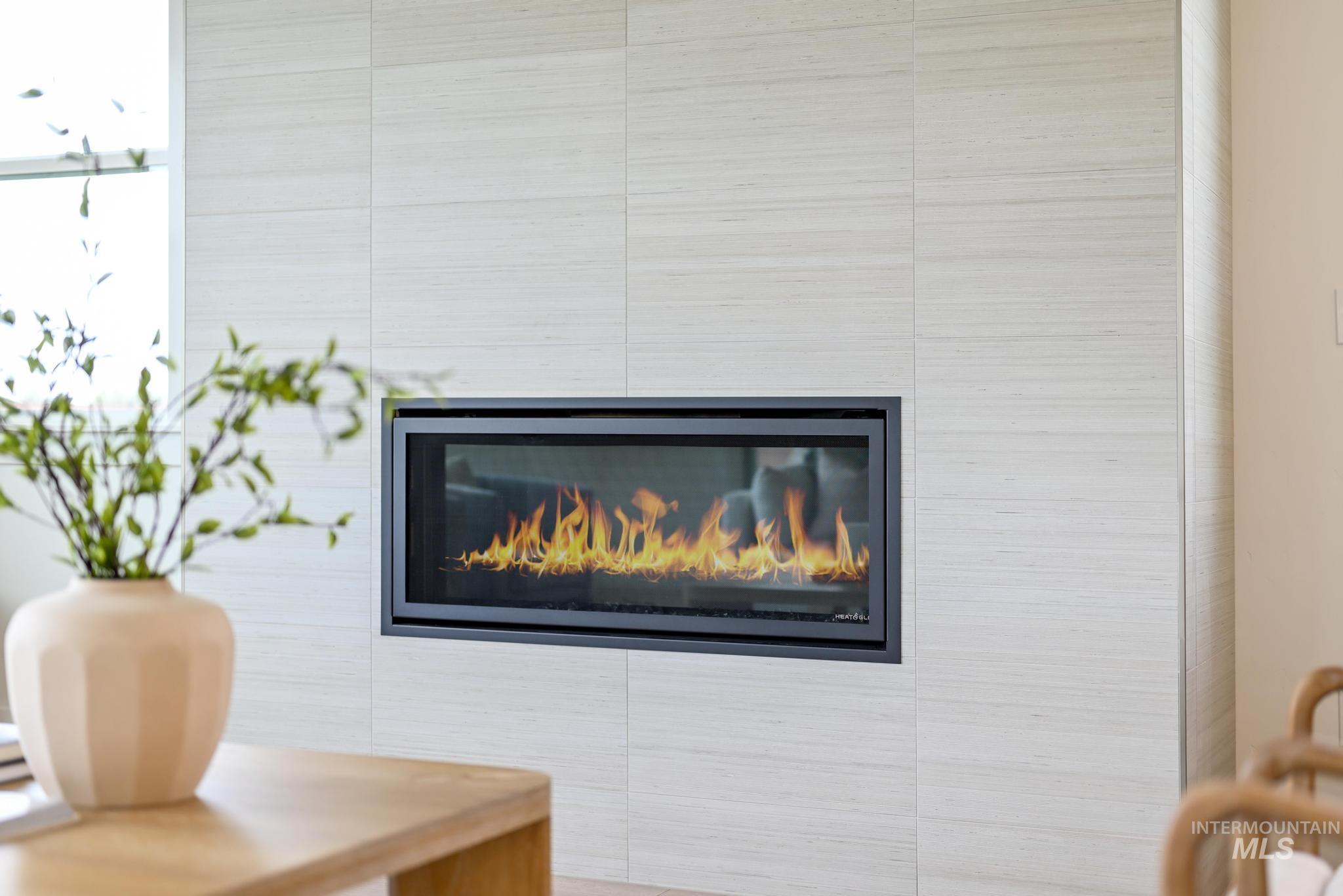Detailed view of a glass covered fireplace