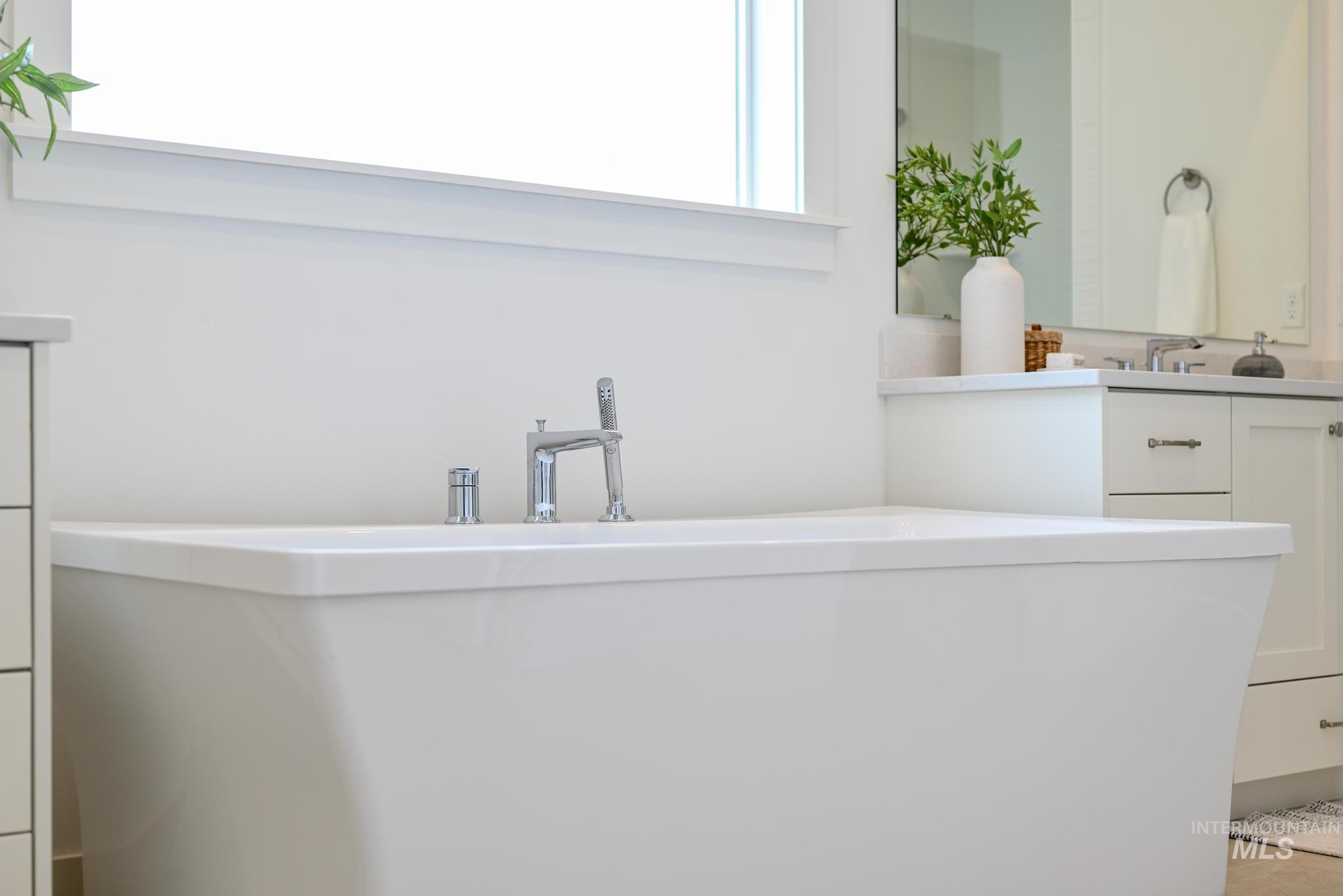 Bathroom featuring vanity and a freestanding tub
