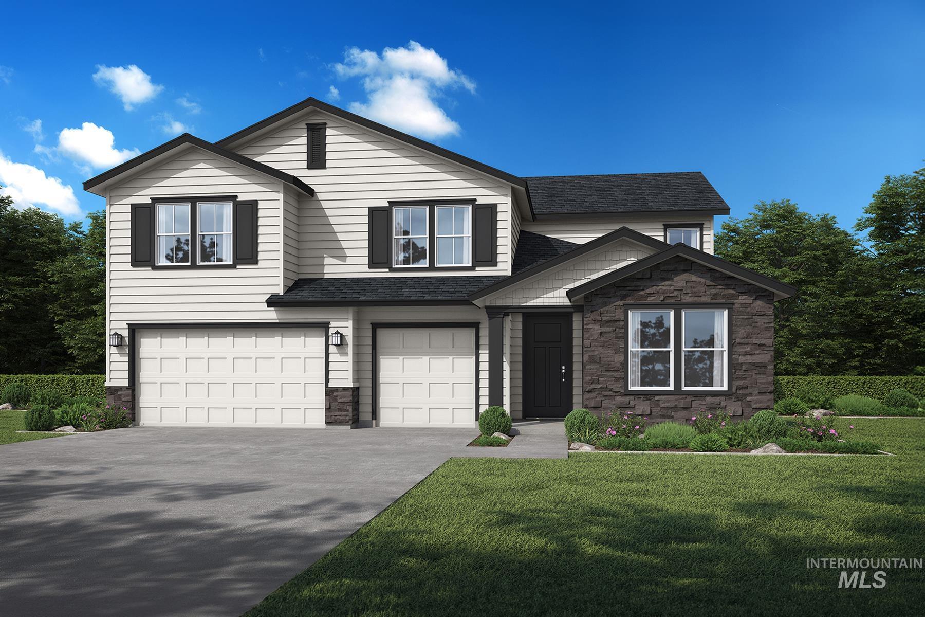 View of front of house featuring an attached garage, driveway, stone siding, and a front yard