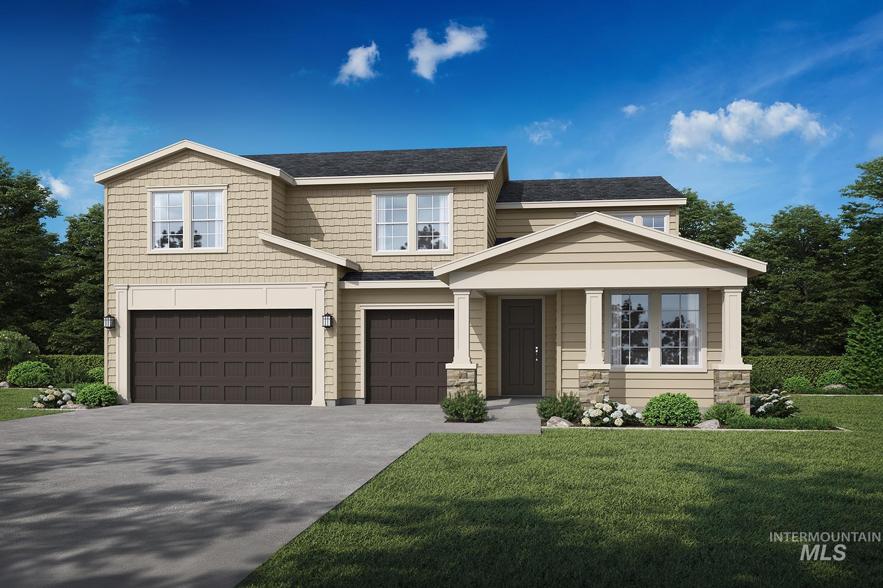 Craftsman house featuring covered porch, concrete driveway, an attached garage, and a front lawn