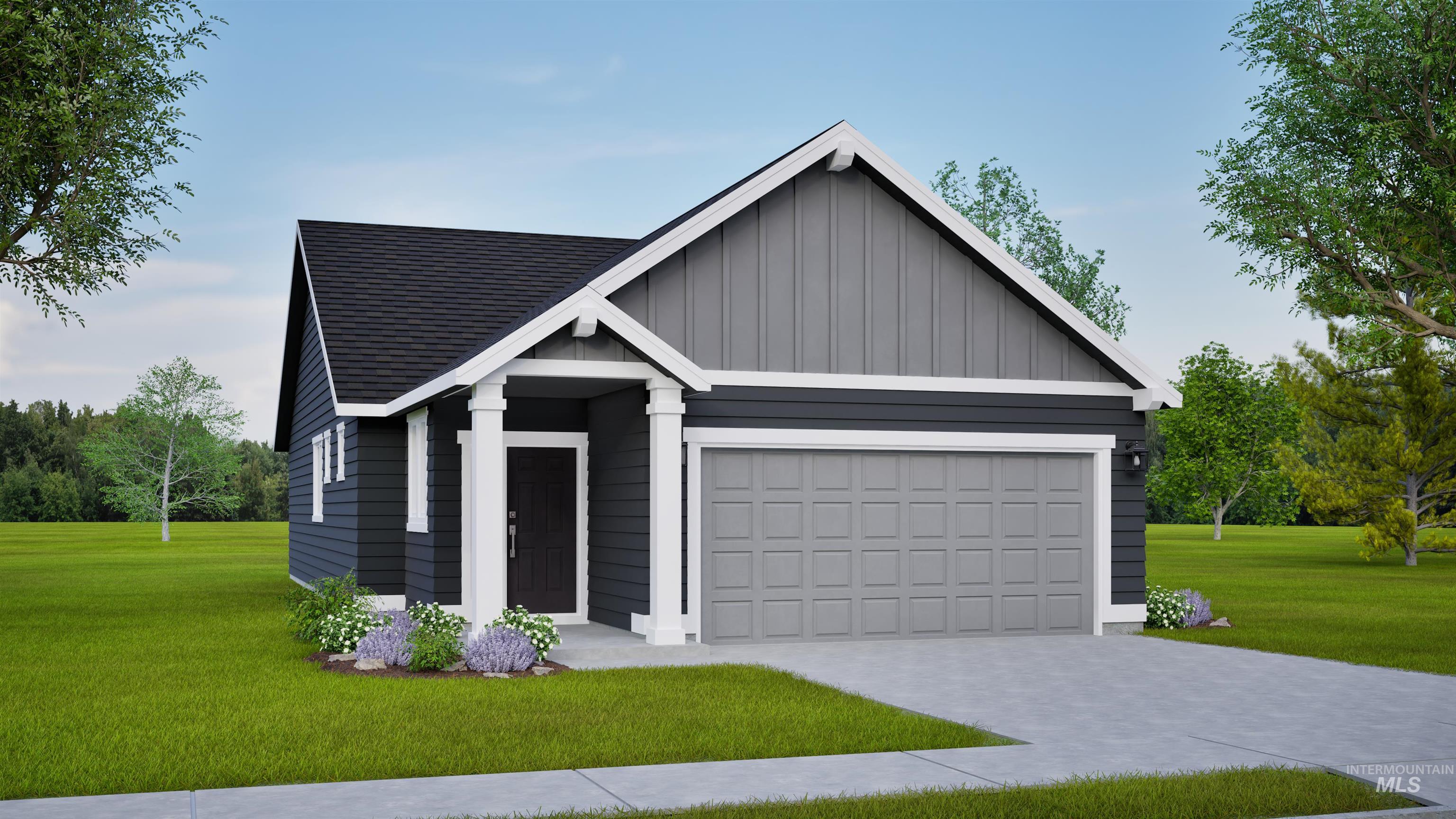 View of front facade featuring a front lawn, board and batten siding, decorative driveway, and an attached garage