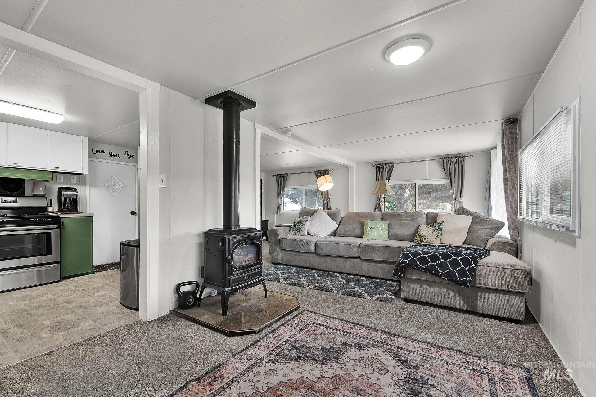Living room with a wood stove and light carpet