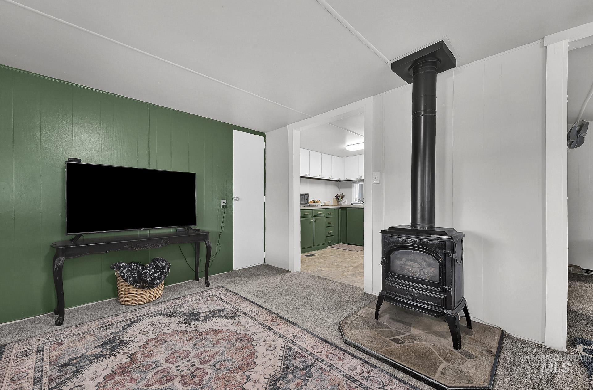 Living area featuring a wood stove and light colored carpet