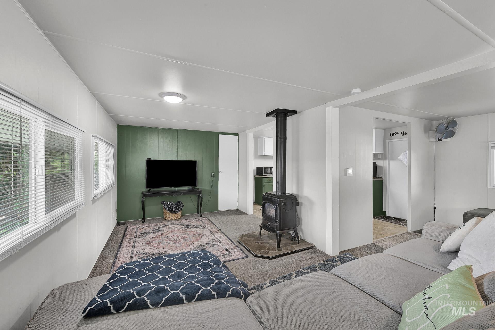 Carpeted living room with a wood stove