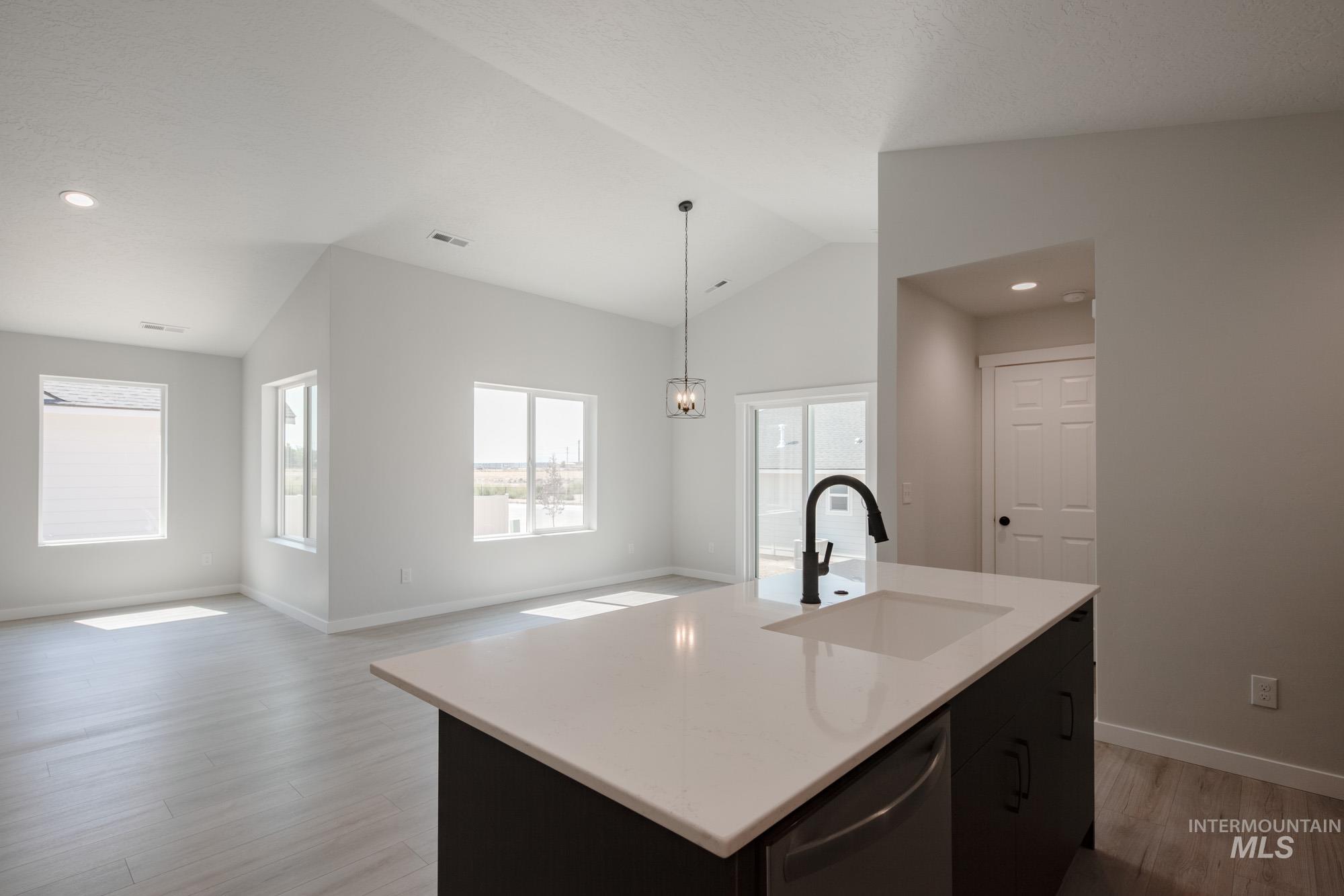 Kitchen featuring vaulted ceiling, light wood finished floors, dishwasher, dark cabinets, and an island with sink