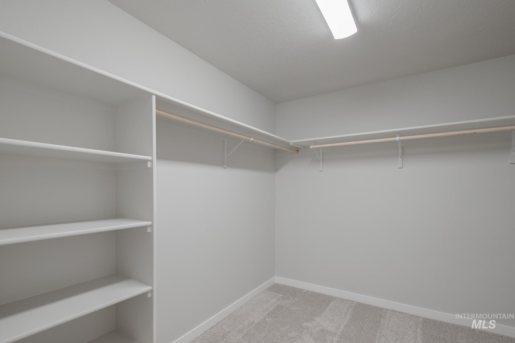 Spacious closet with light colored carpet