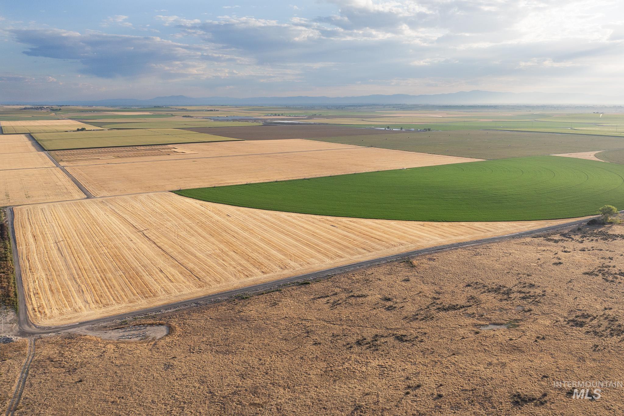 Overview of rural landscape featuring large plots for crops and mountains