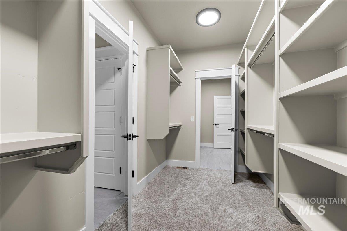 Walk in closet with light carpet