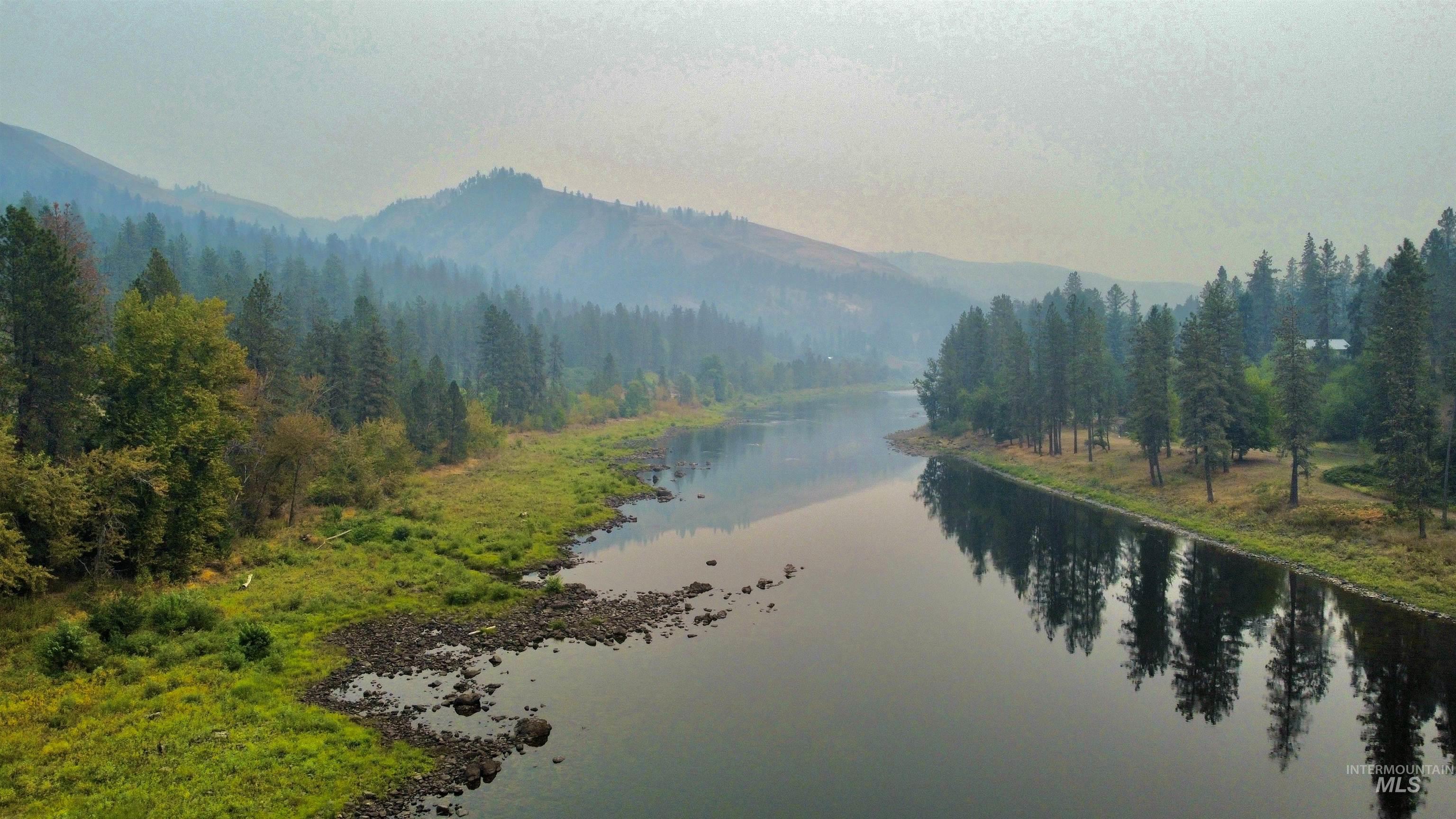 Water view with mountains and a forest