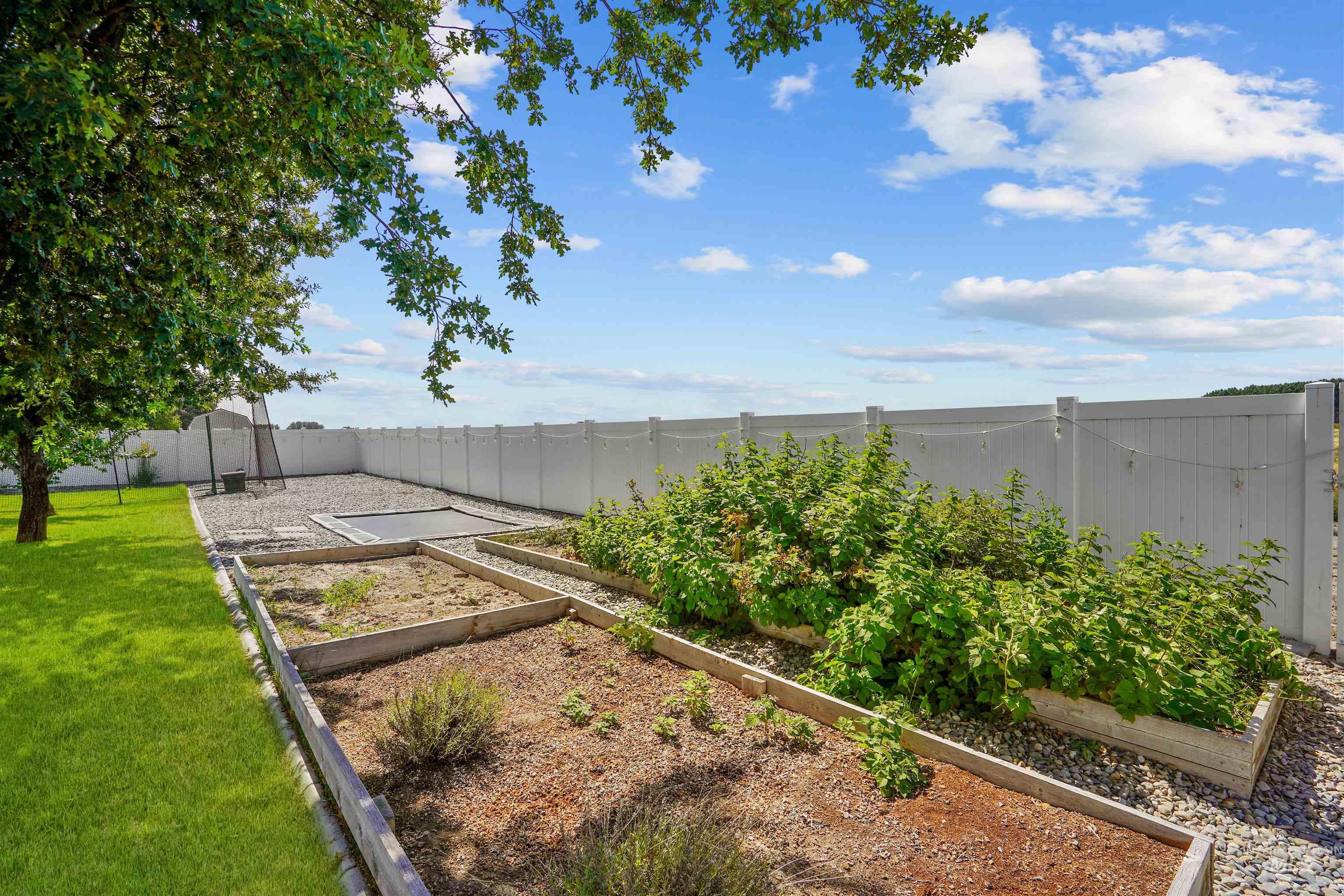 Fenced backyard with a vegetable garden