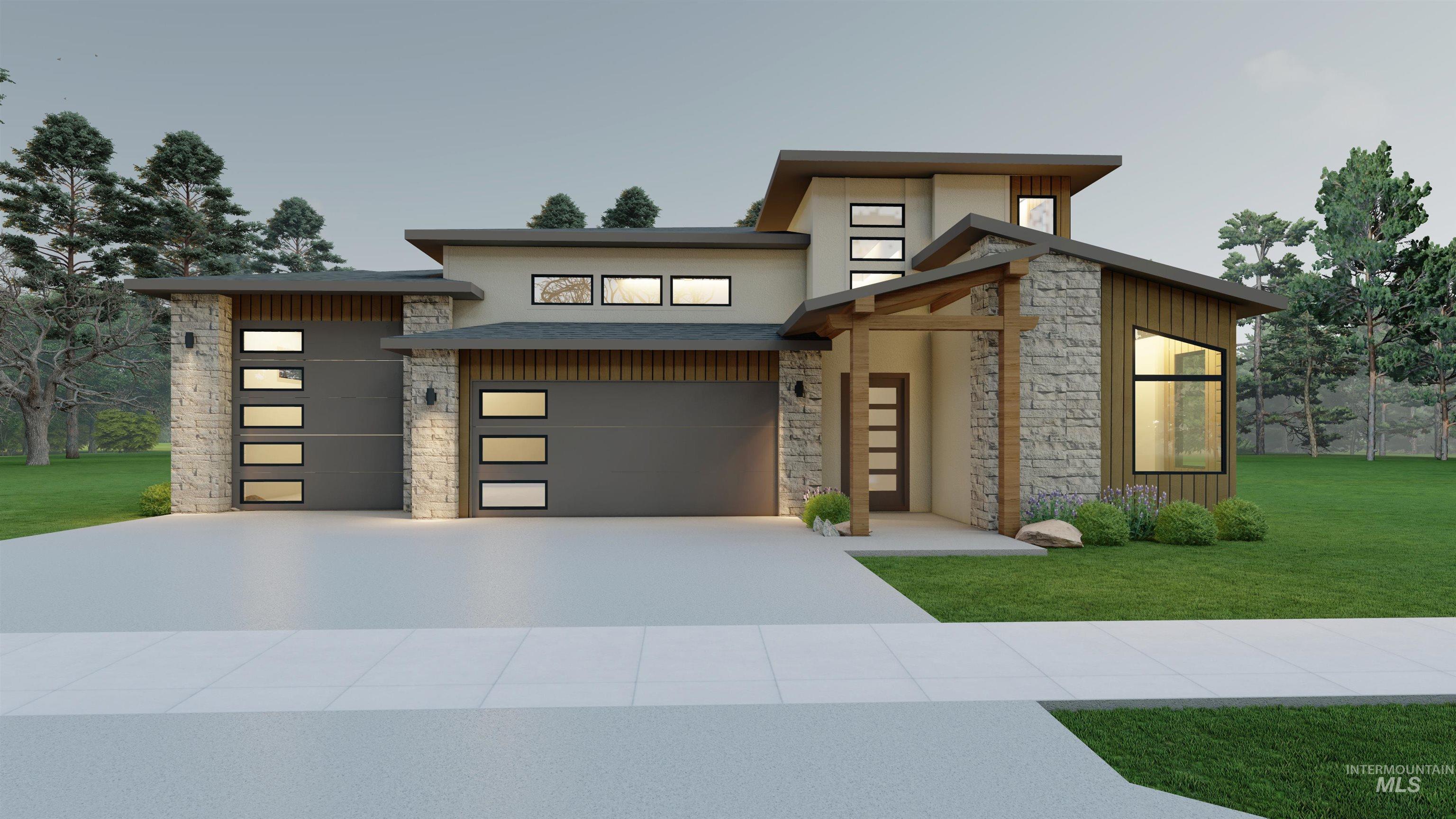 View of front of home with stone siding, a front yard, a garage, and driveway
