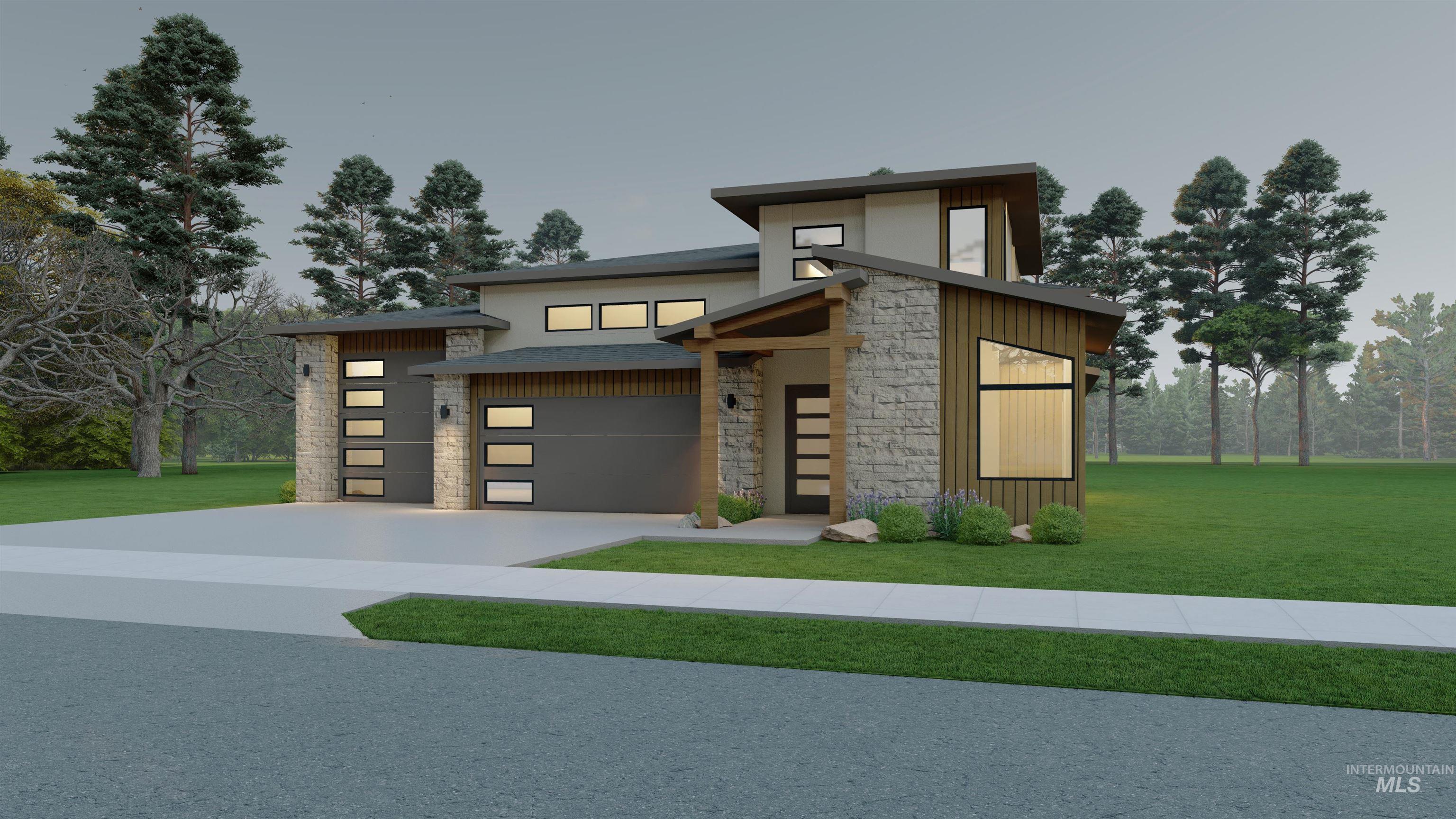 Contemporary house with stone siding, a front yard, concrete driveway, and an attached garage