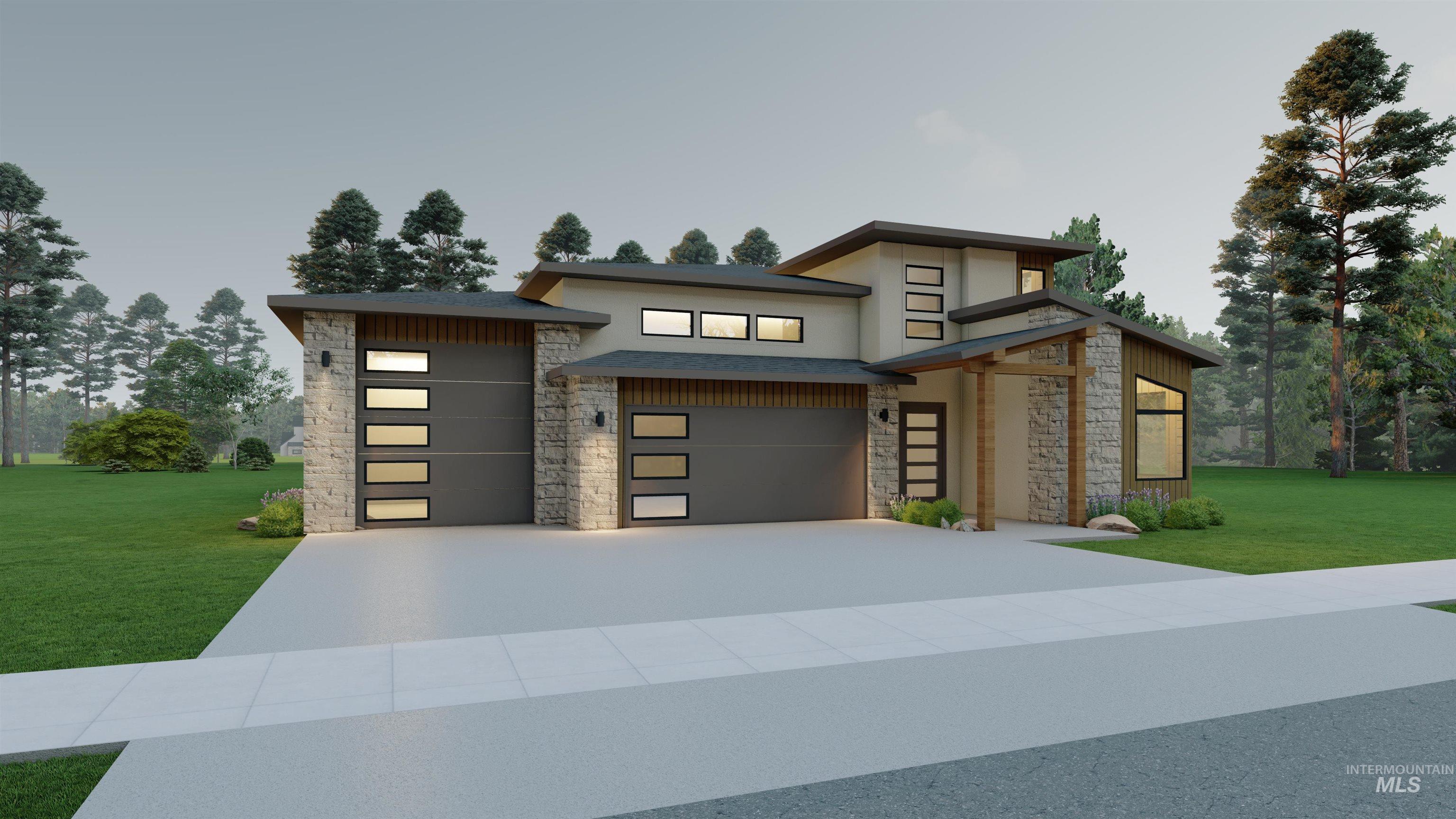 Contemporary home with stone siding, a front yard, an attached garage, concrete driveway, and stucco siding