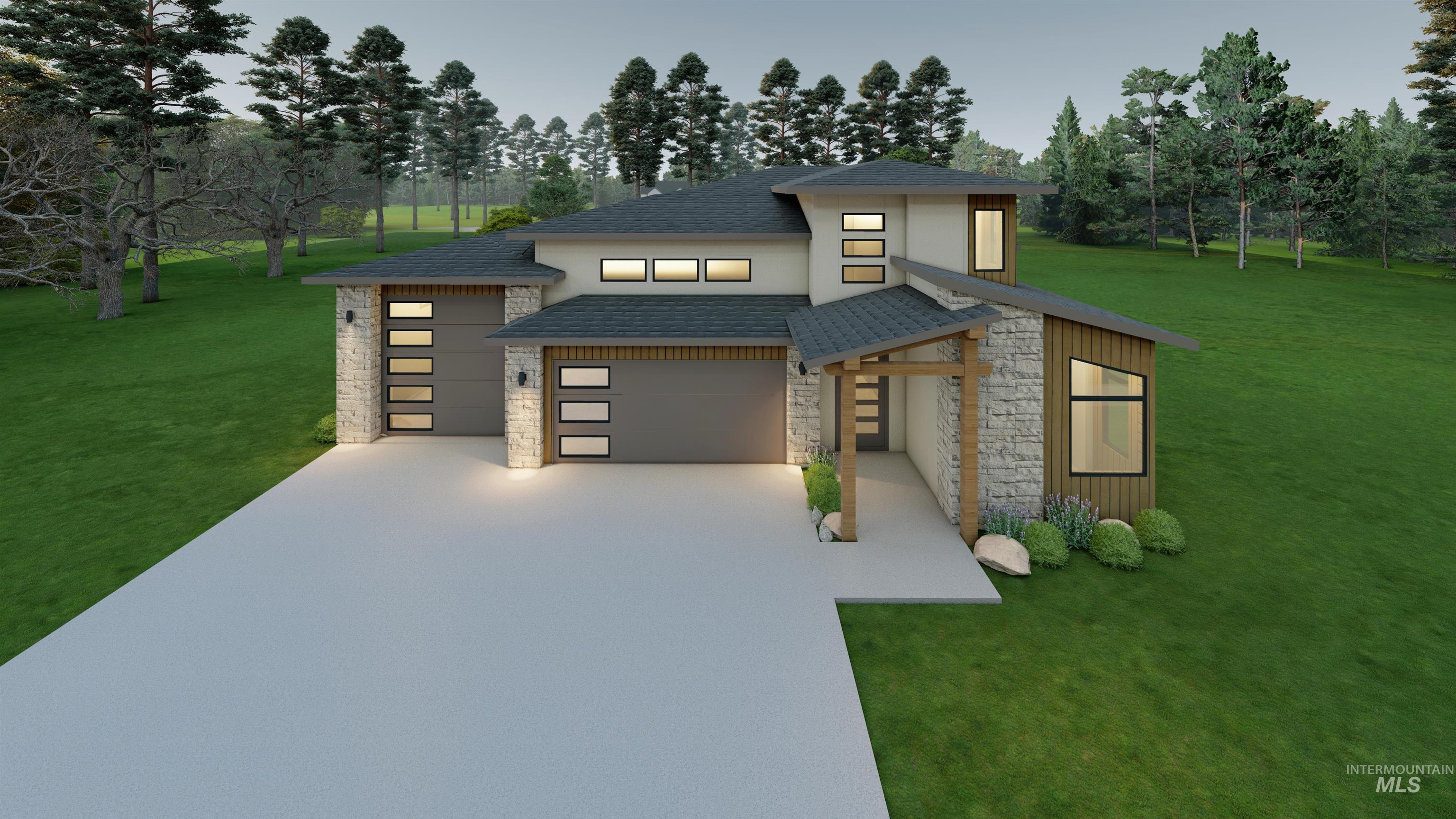 View of front facade featuring stone siding, a shingled roof, a front yard, an attached garage, and concrete driveway