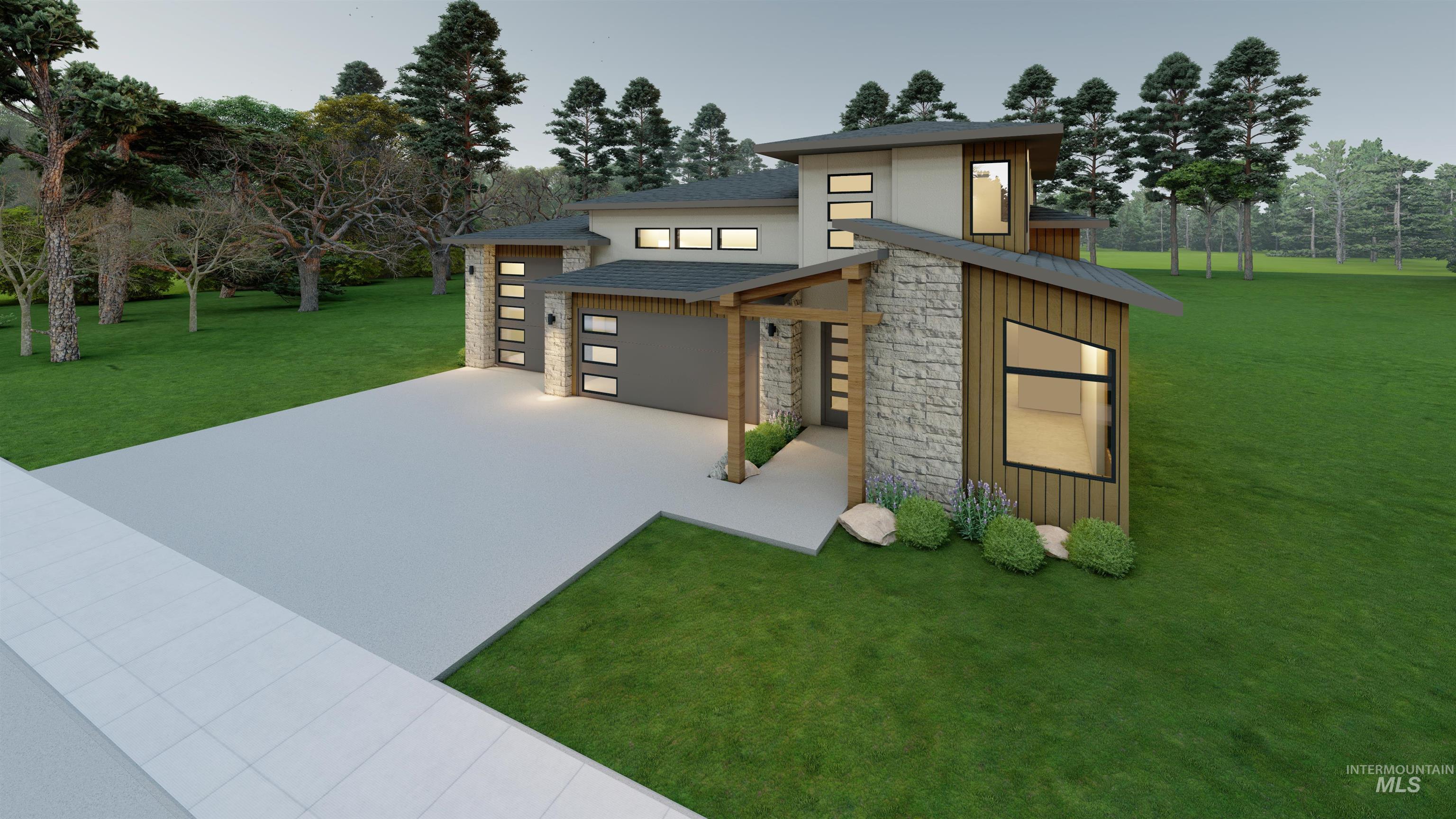 View of front of home with stone siding, a front yard, concrete driveway, board and batten siding, and view of scattered trees