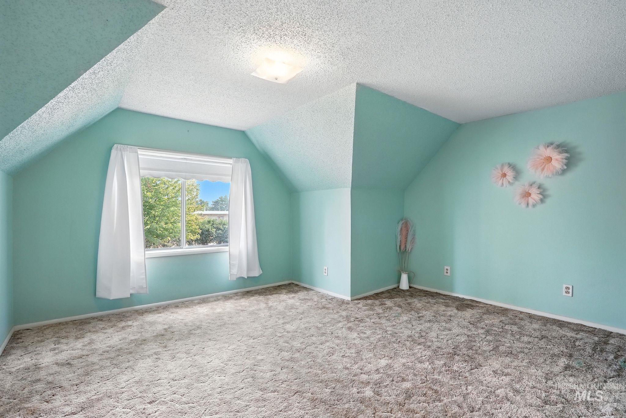 Bonus room with a textured ceiling, vaulted ceiling, and carpet
