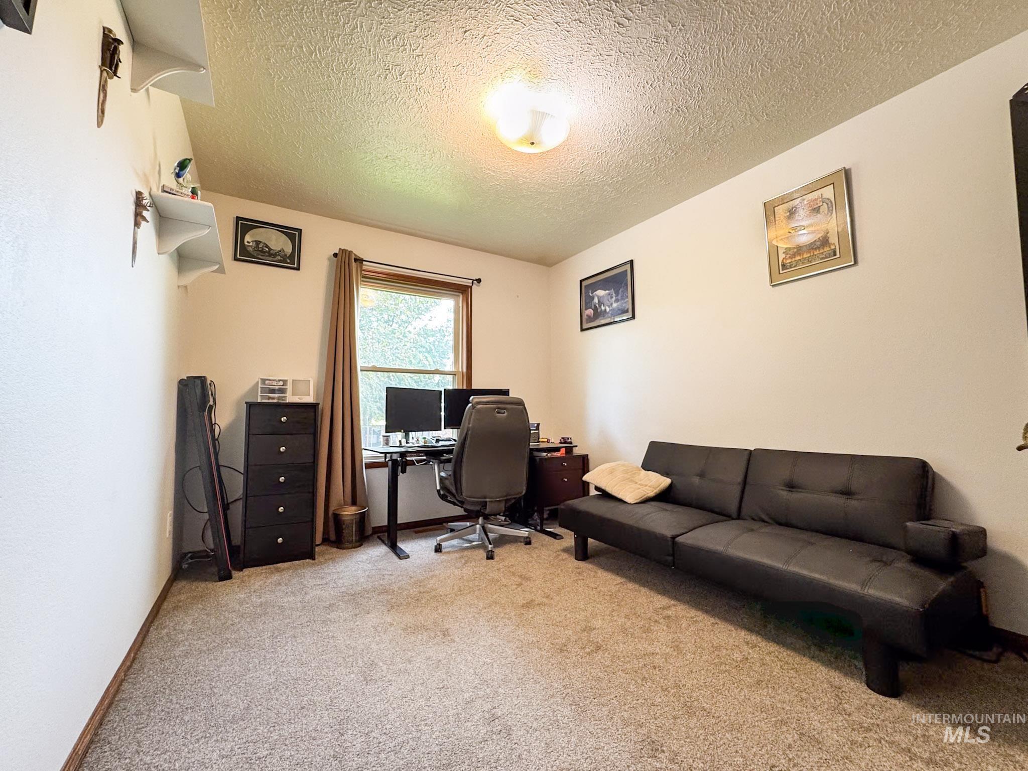 Office with light carpet and a textured ceiling