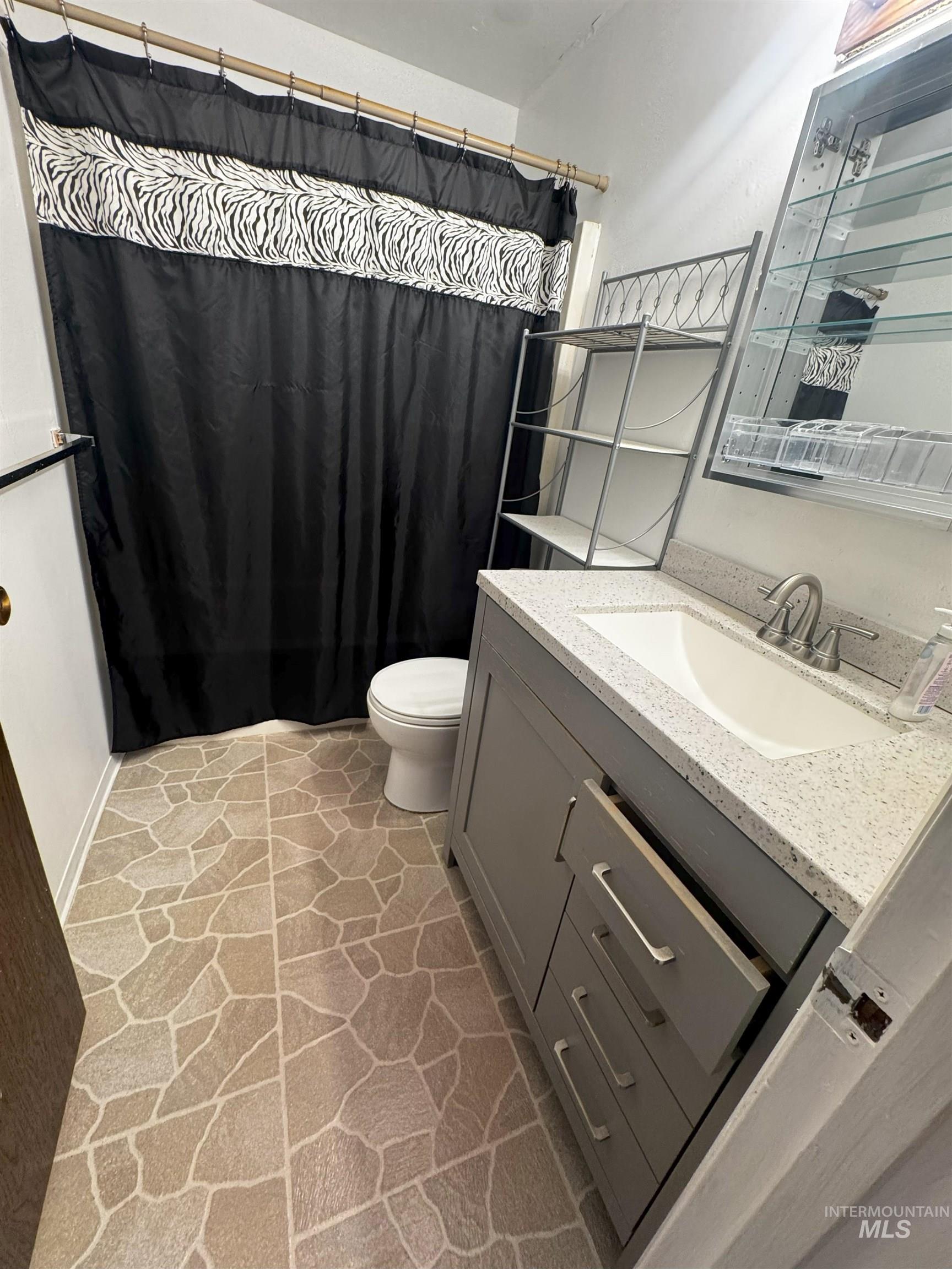 Full bath featuring vanity and a shower with shower curtain
