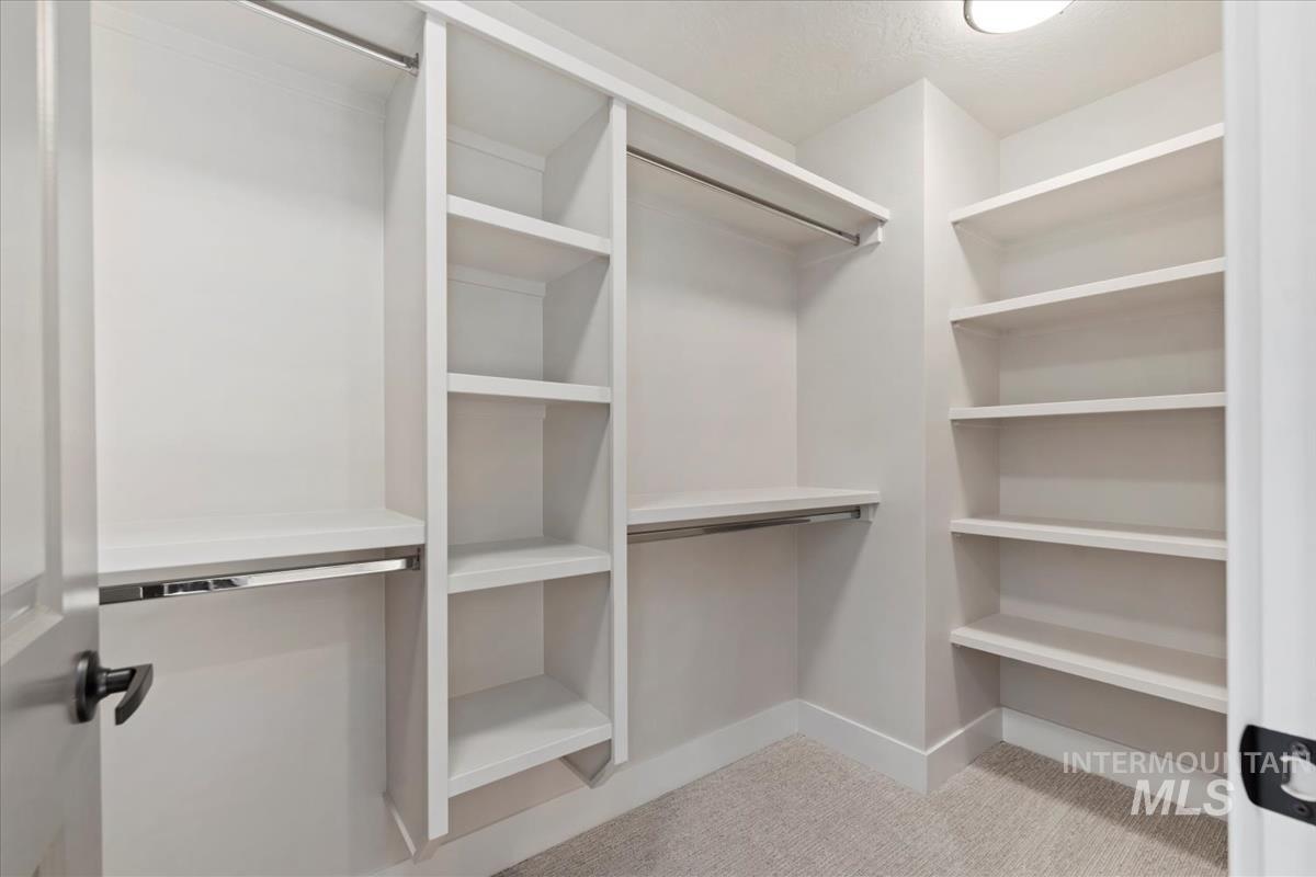 Walk in closet featuring light colored carpet